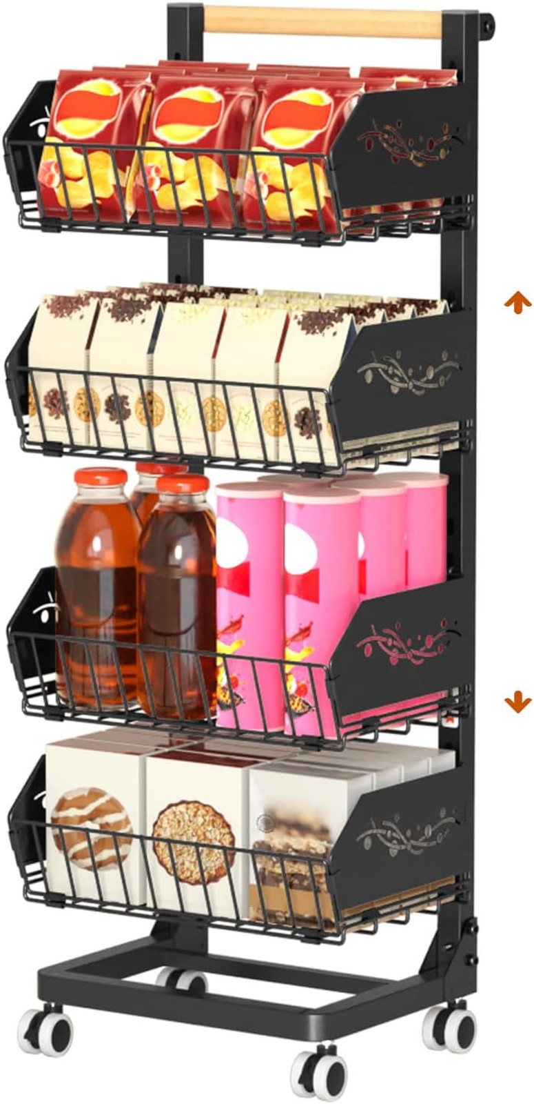 4-Tier Kitchen Snack Cart with Wheels，Height-Adjustable，Upgraded Wider and Thick