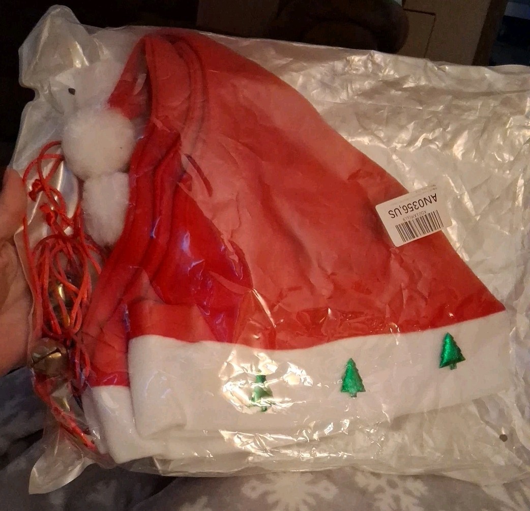 Santa Hats & Bell Necklaces, Lot Of 10, Red White, Adult, 5 Of Each, Felt Hats