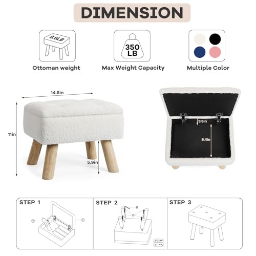 Storage Ottoman, Small Foot Stool Ottoman with Storage, Boucle Teddy Cream