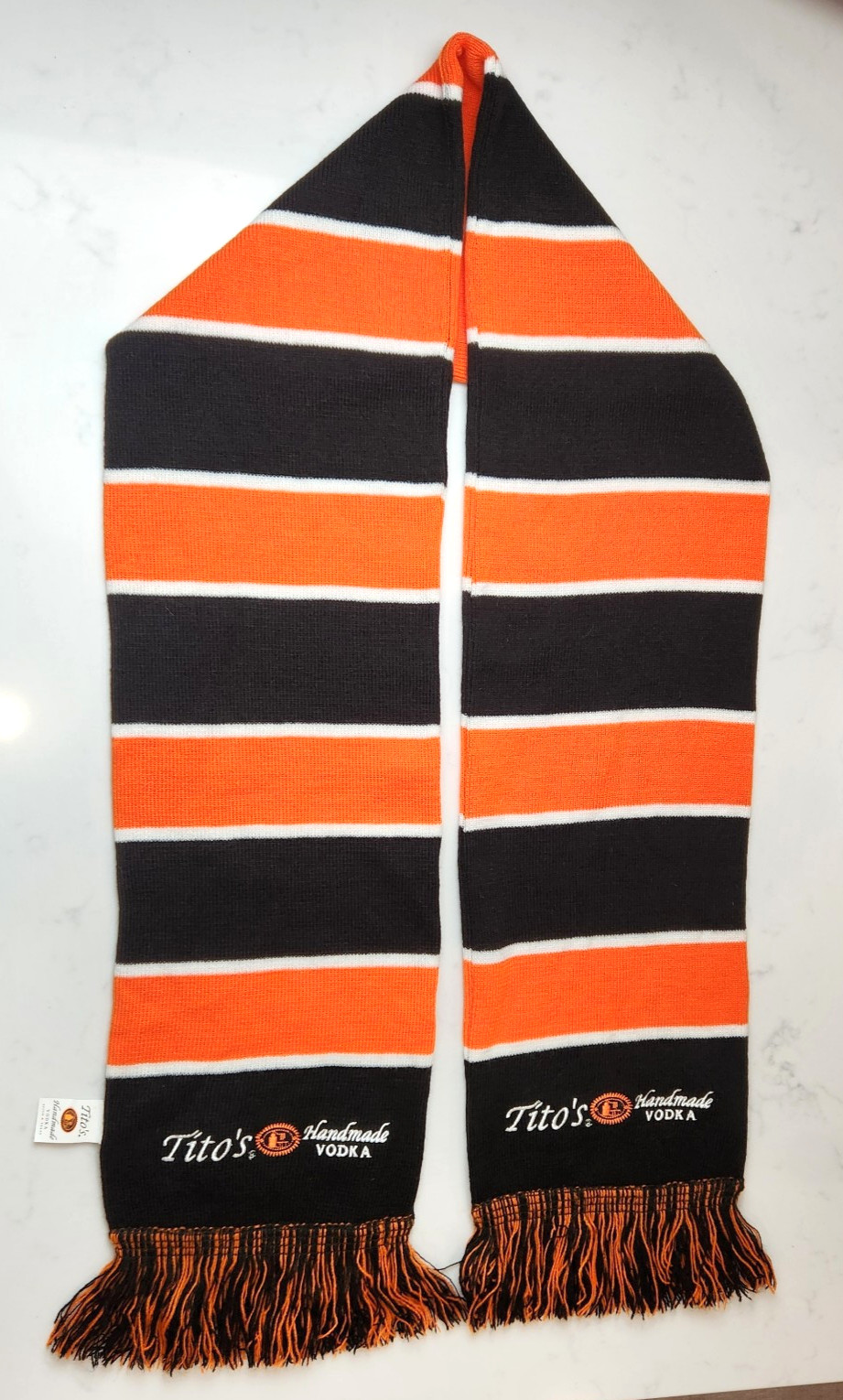 Tito's Vodka Knit Scarf Stripes Fringe Black Orange White 63"x7.5"