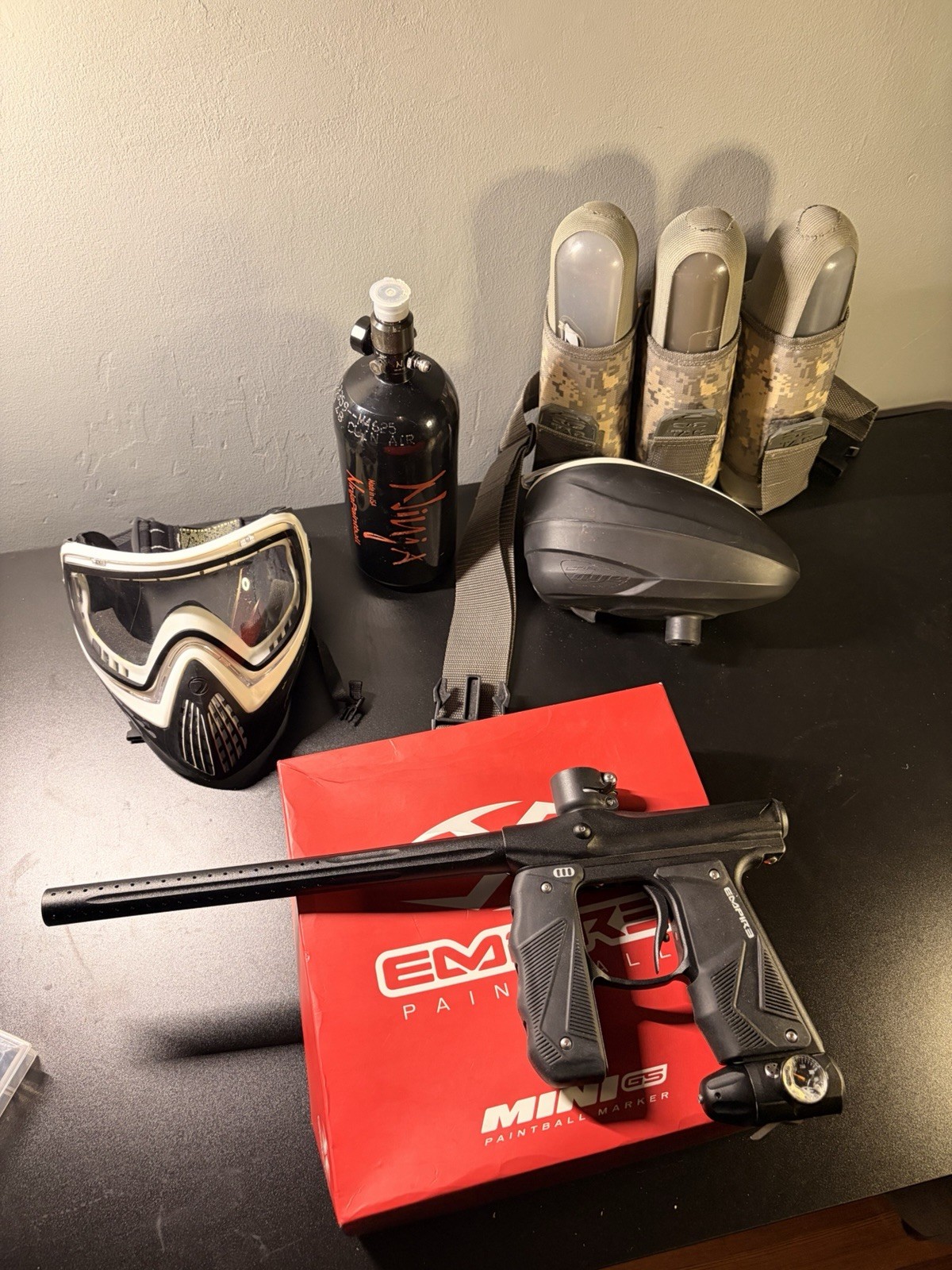Complete paintball set up. Empire Mini GS, Dye i4 Mask, Dye LTR hopper, etc