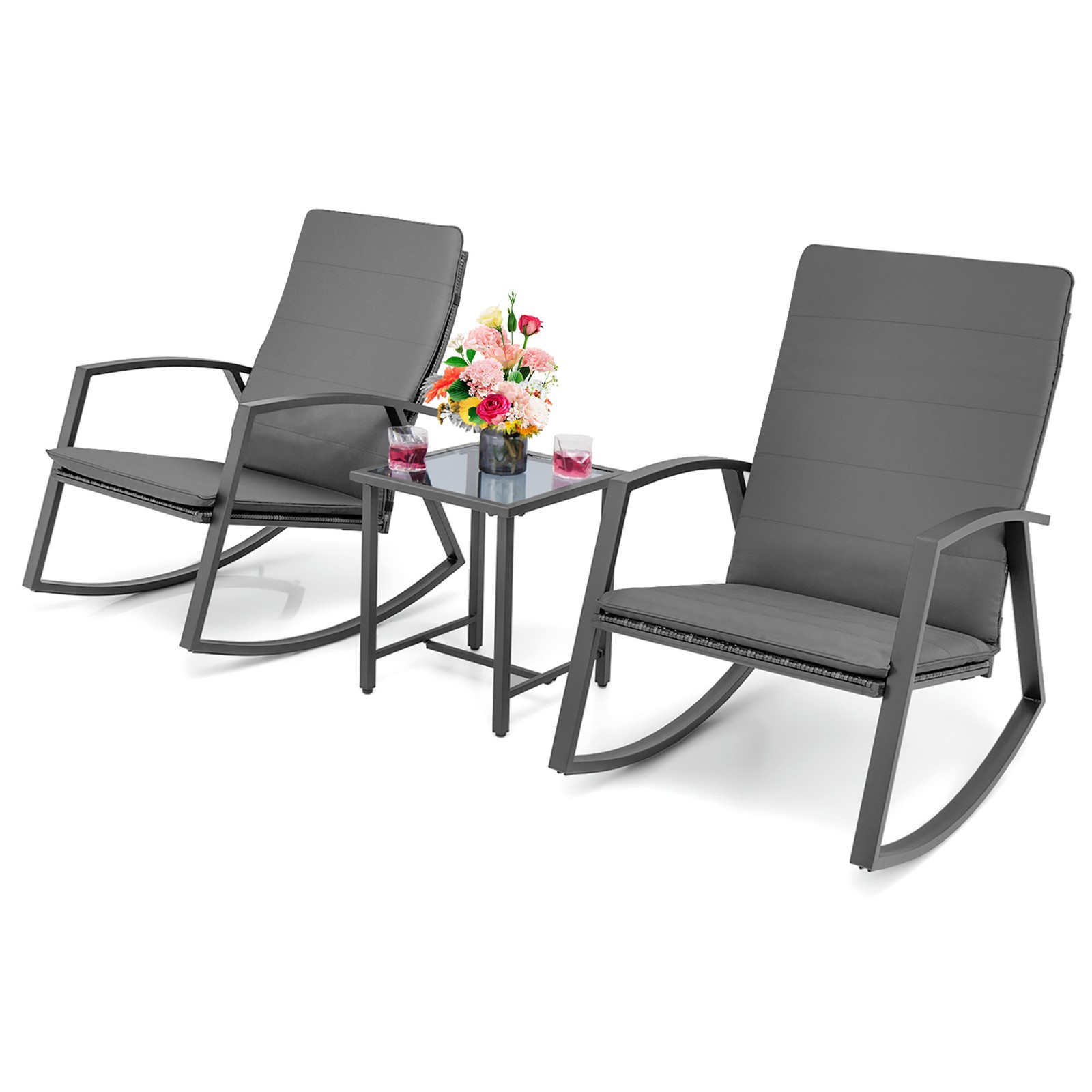 Topbuy 3PCS Rattan Bistro Rocking Chair Set Patio Furniture Set w/ Cushions