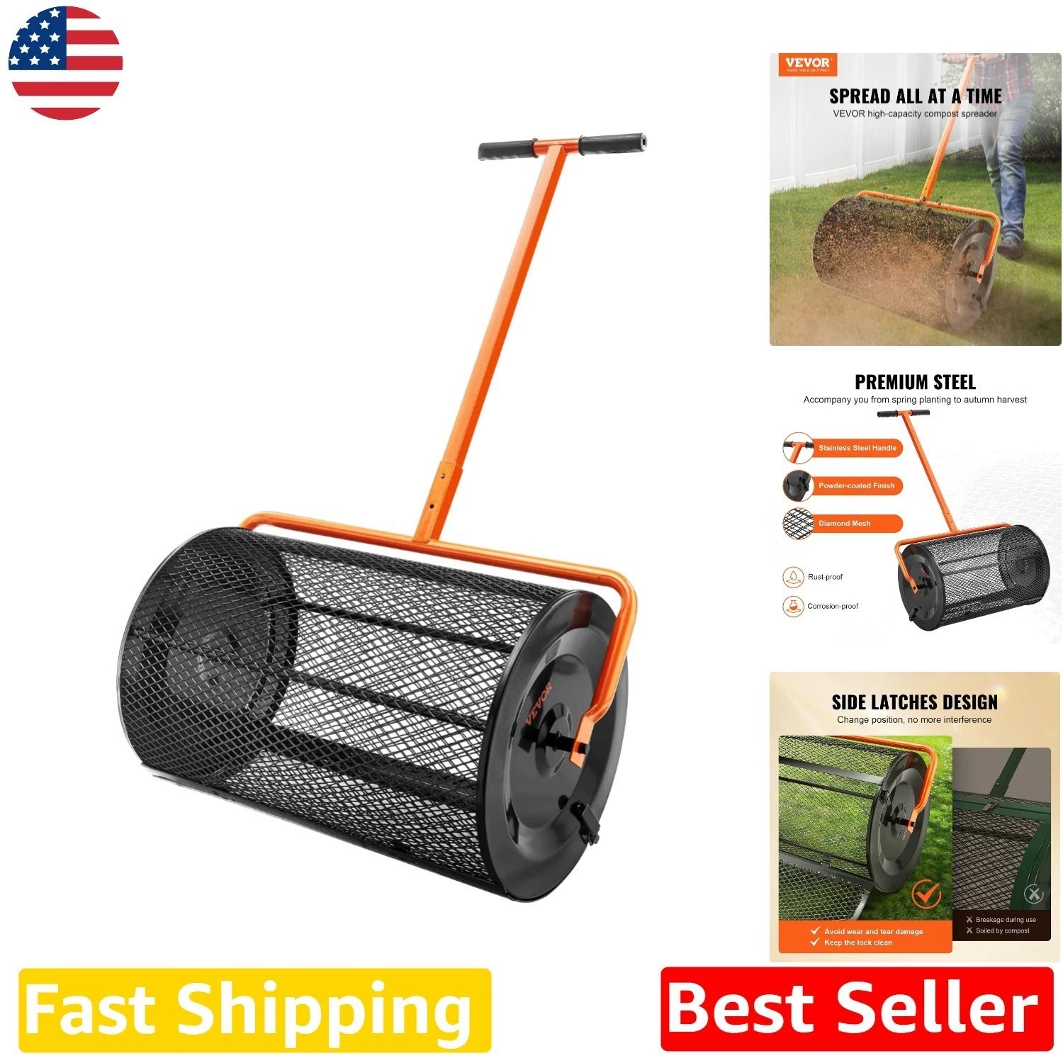 Adjustable Handle Compost Spreader, 24" Wide Steel Mesh Basket, Lawn Garden Tool