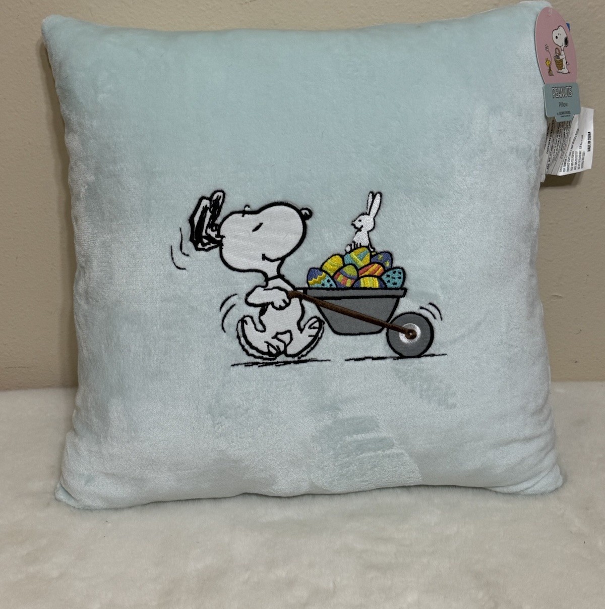 PEANUTS SNOOPY EASTER Throw Pillow 21" Decorative Pastel Blue Bunny Soft NEW