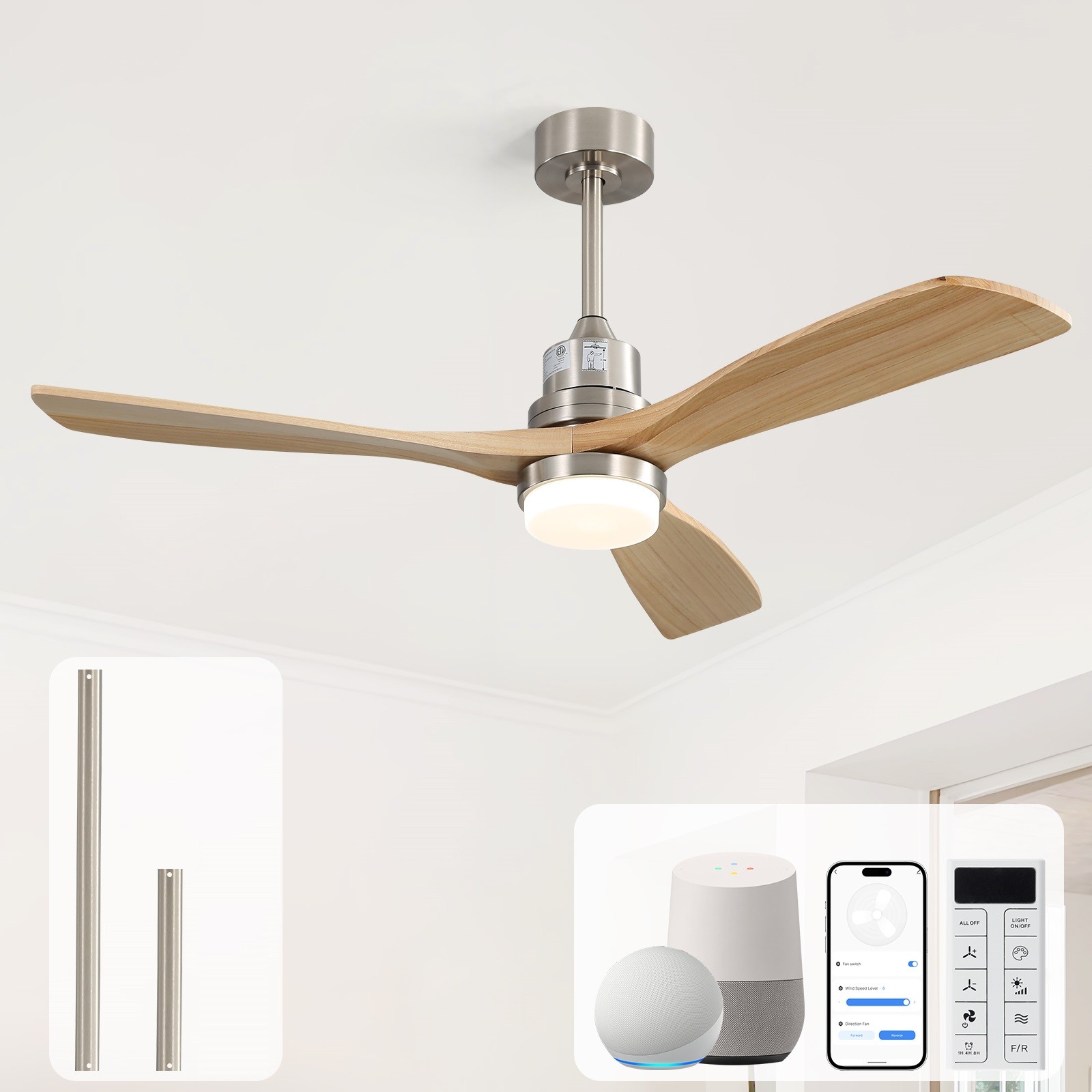 52'' Smart Wood Ceiling Fan w/ Stepless Dimmable LED Work with APP Google/Alexa