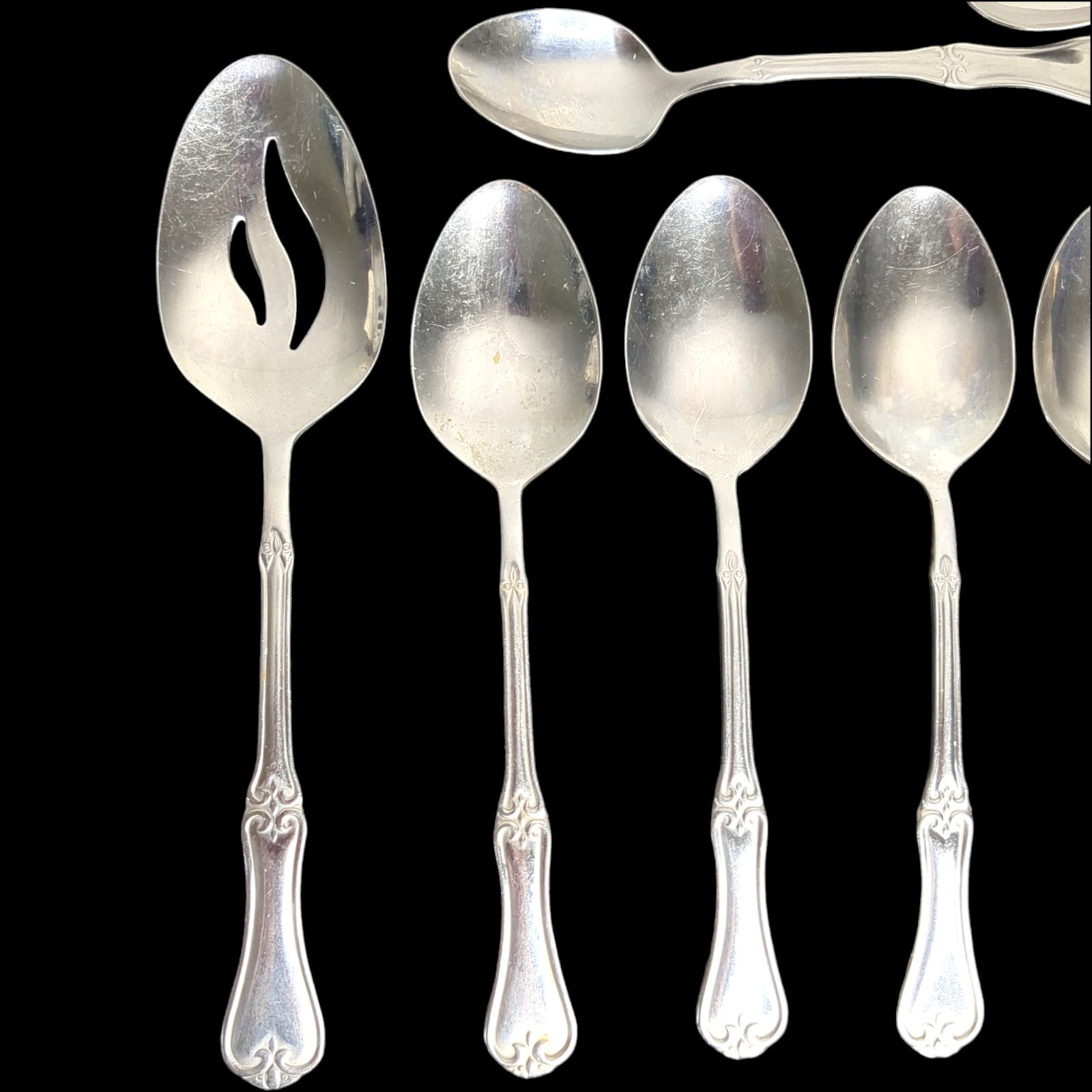 Lot 13 Alco UNKNOWN PATTERN Scrolls Scalloped Spoon Knife 6" Stainless Flatware