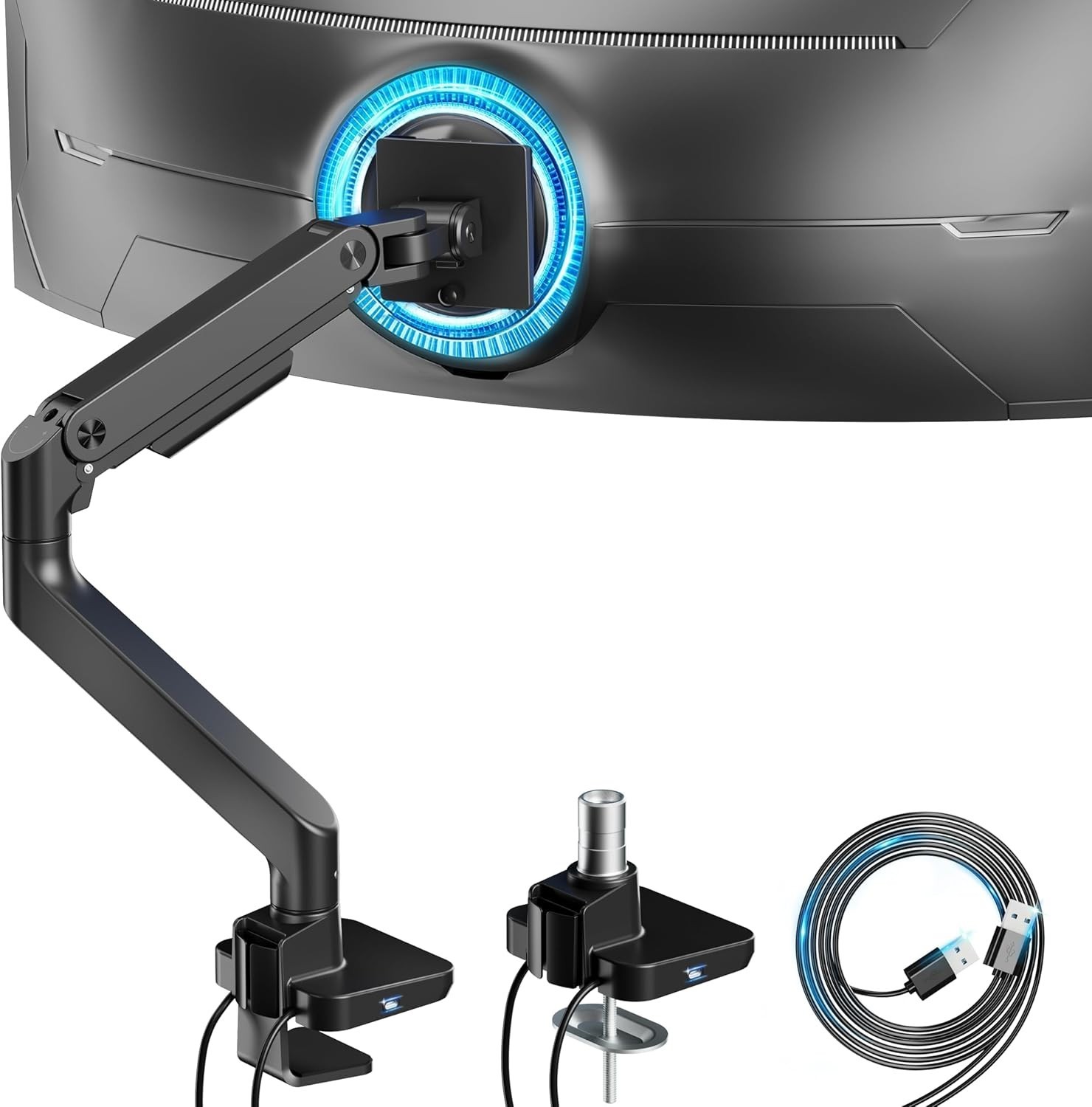 ARES WING Ultrawide Monitor Arm with USB A/C, for 17 to 49 inch Heavy Duty Blk