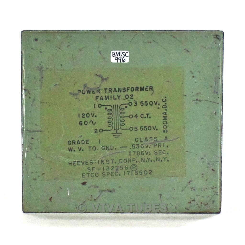 Vintage Reeves SF-132756 Power Transformer 550V, 550V, 500mADC, 1786WV