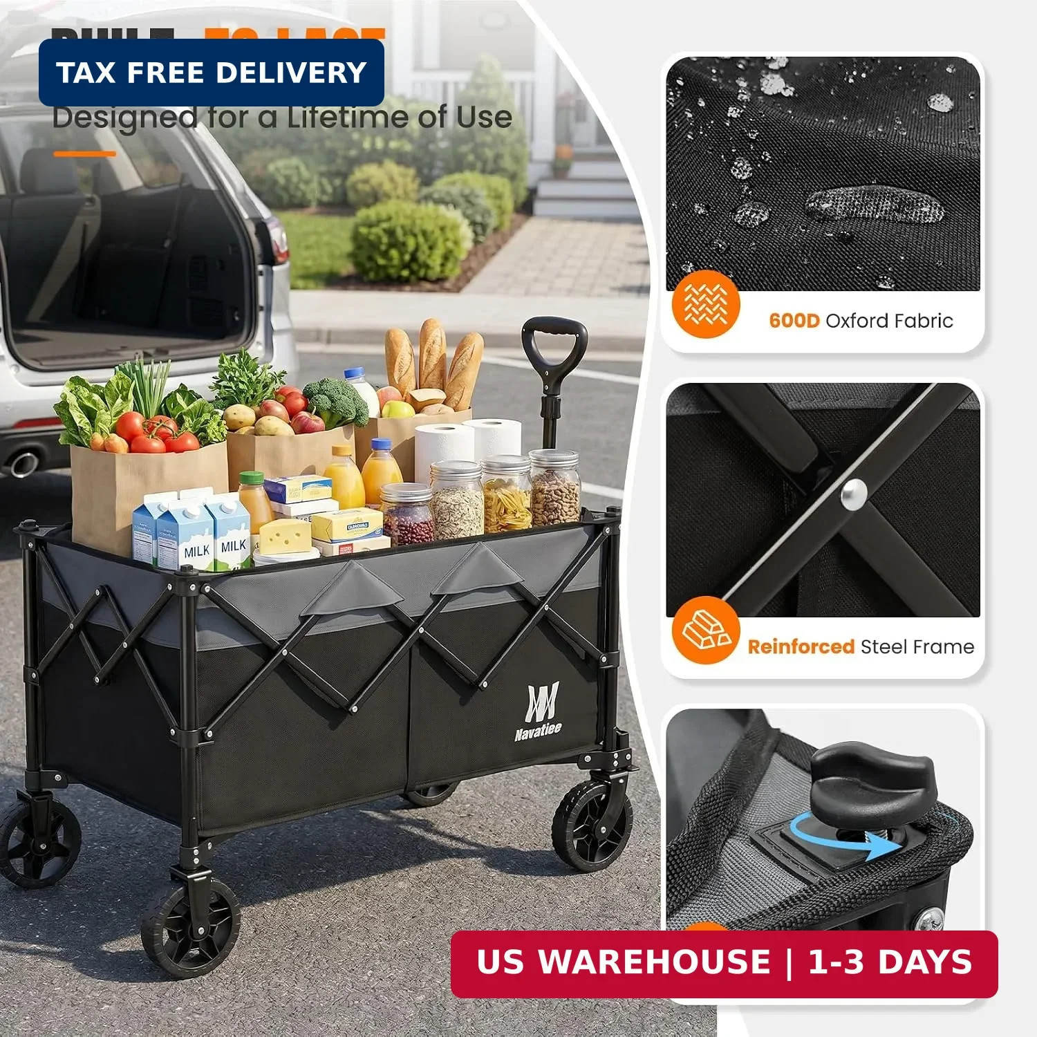 165L Collapsible Folding Wagon, Large Foldable Wagon with Silent All-Te