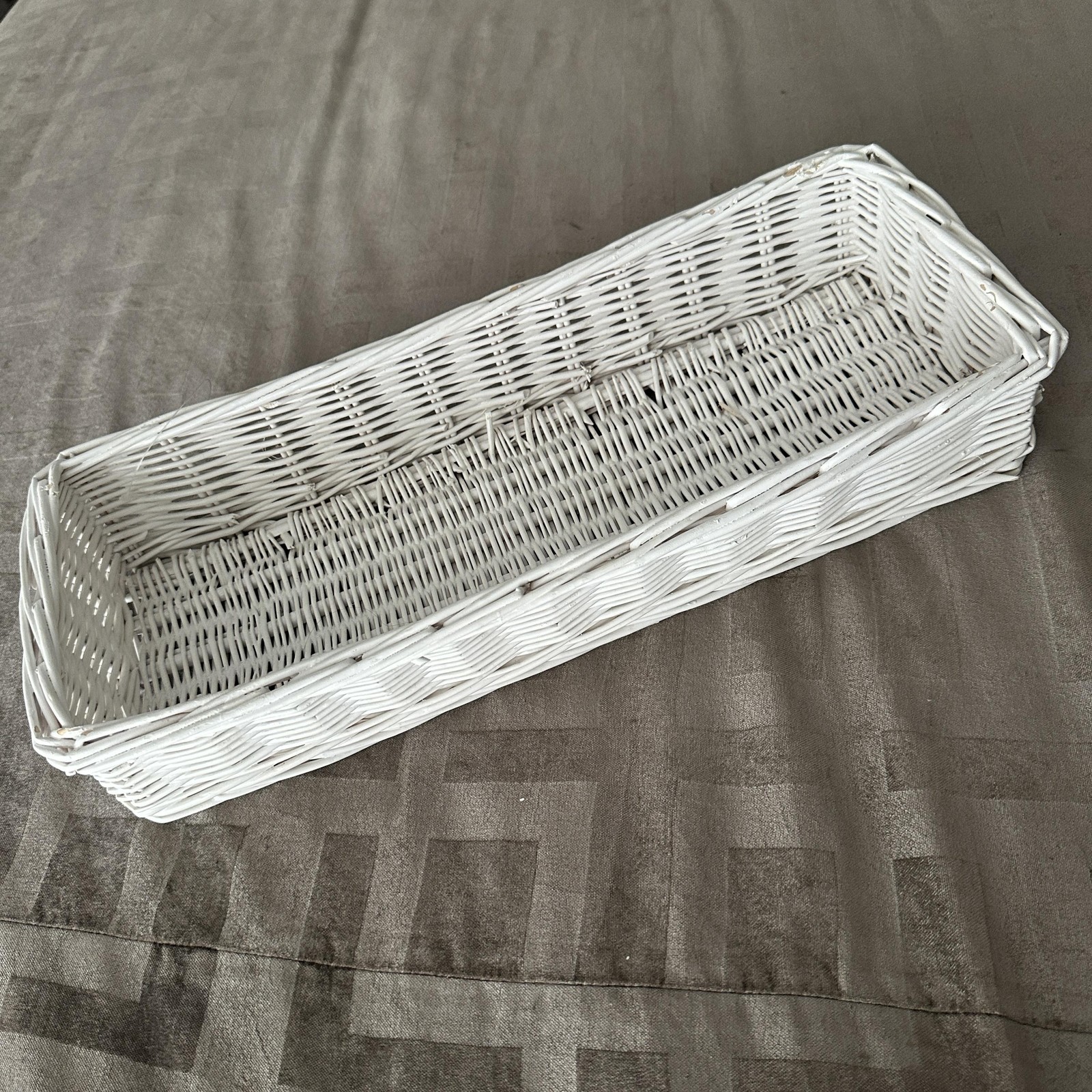 White Wicker Rectangular Basket 17 Inch Farmhouse Table Centerpiece Organizer