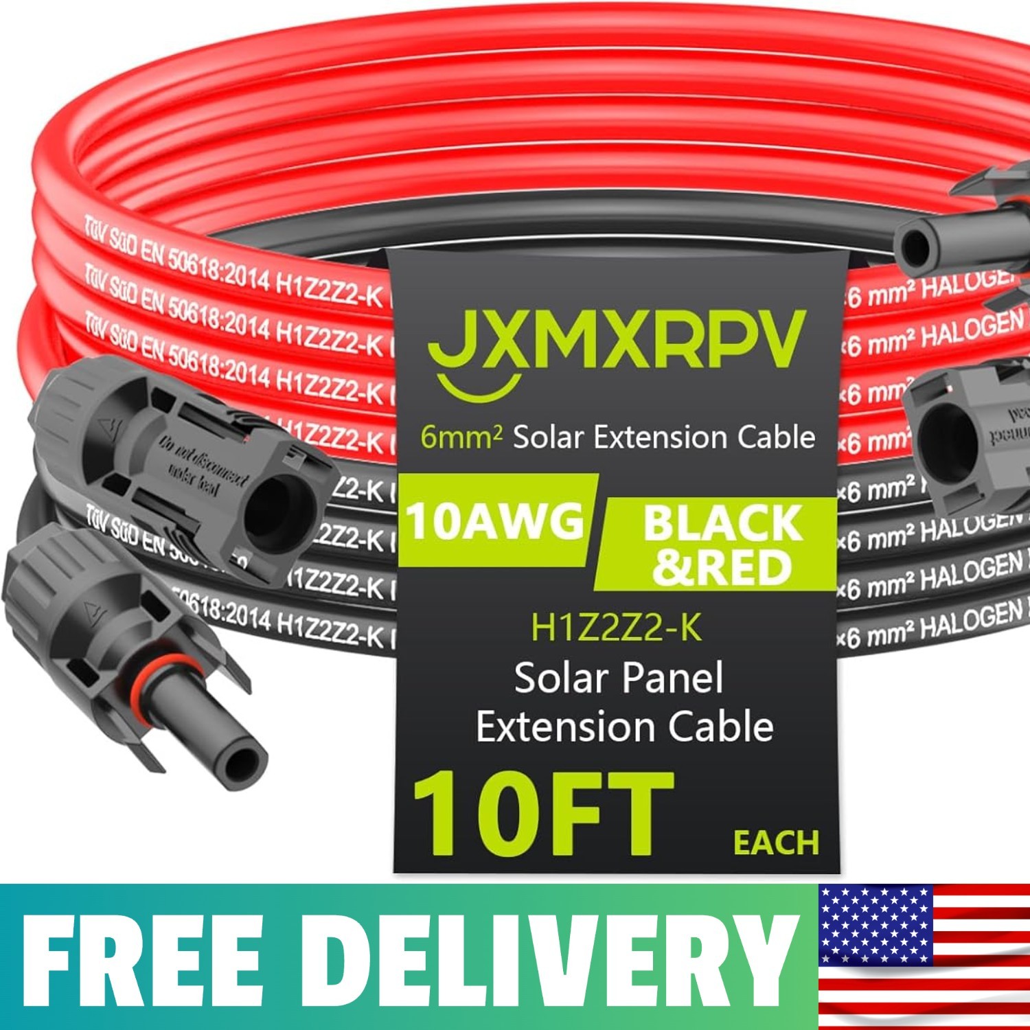 Solar Cable Extension 10Ft 10AWG, Solar Wire With Tool-Free Solar Connectors, Wa