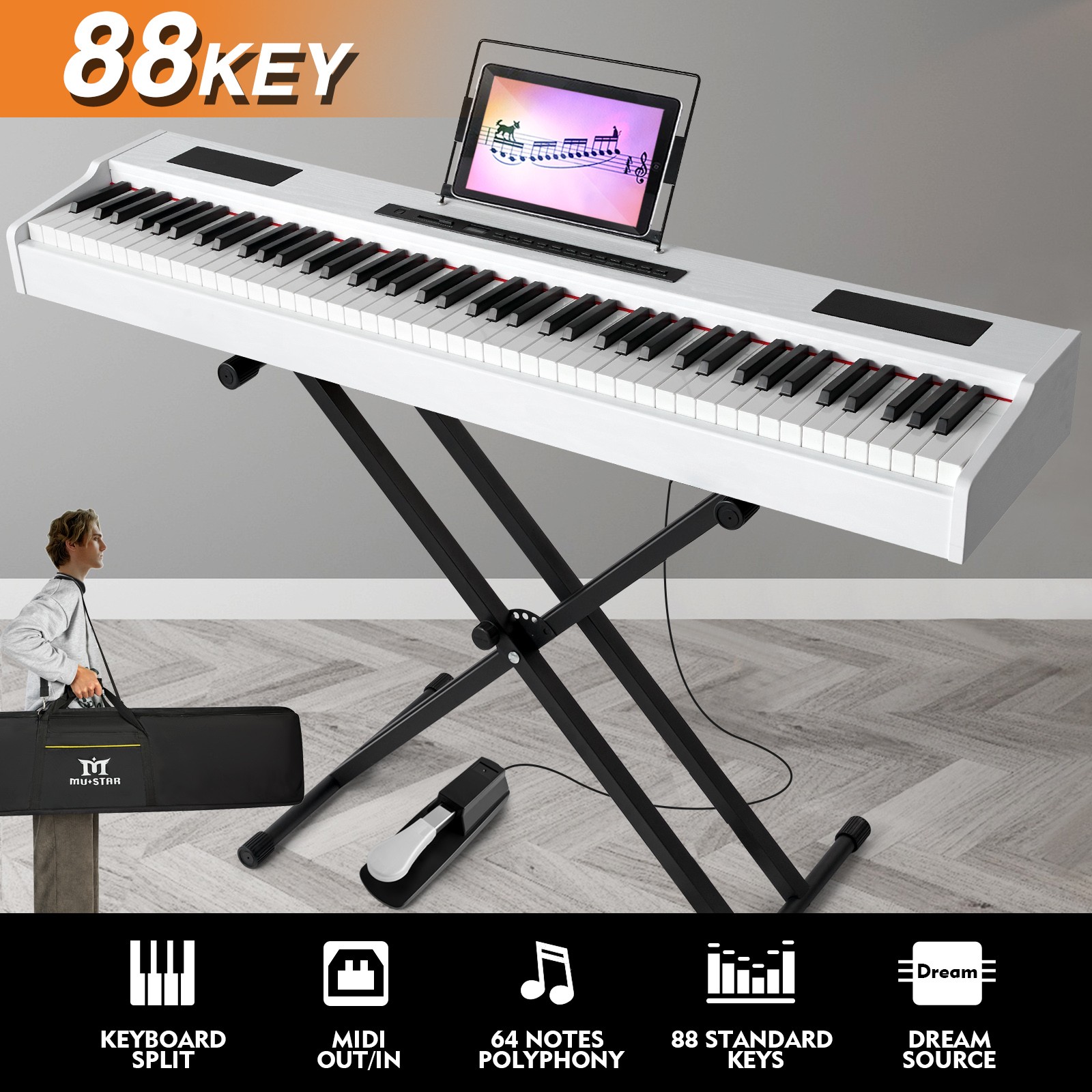 White 88Key Full Weighted Hammer Action Digital Piano Keyboard w/Pedal,Stand,Bag