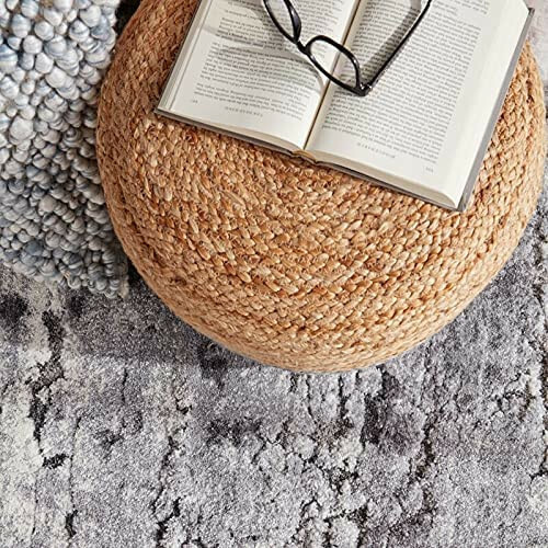 Pouf Jute Handmade Natural Braided 18"x18"x12" Beige & Blue round cushions Cover