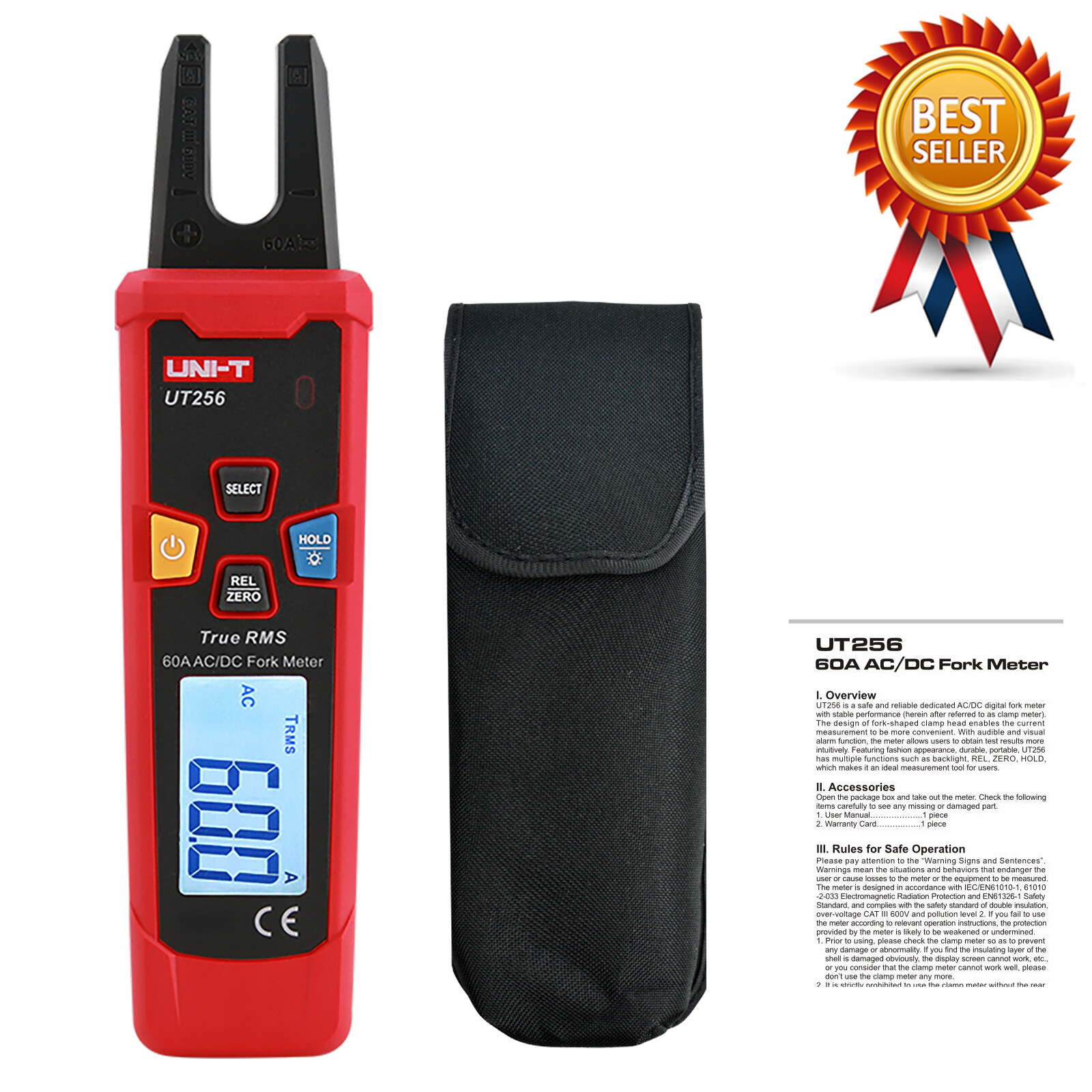 UNI-T UT256 60A AC/DC Fork Meter/True RMS Auto-Range Digital Clamp Ammeter✦KD