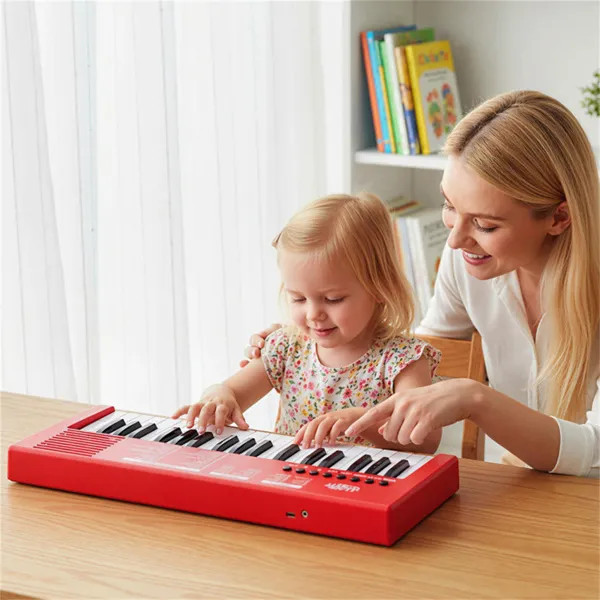 37‑Key Kids Electronic Keyboard – Red Piano Toy with Microphone, 8 Tones & 8 Rhy