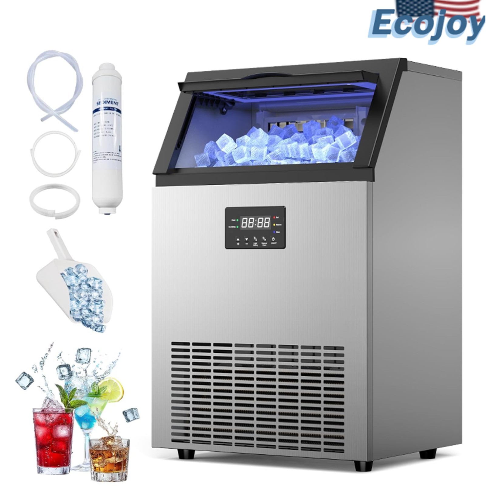 Commercial Ice Maker 150lbs/24H Freestanding Ice Cube Machine with 80 Ice Cubes