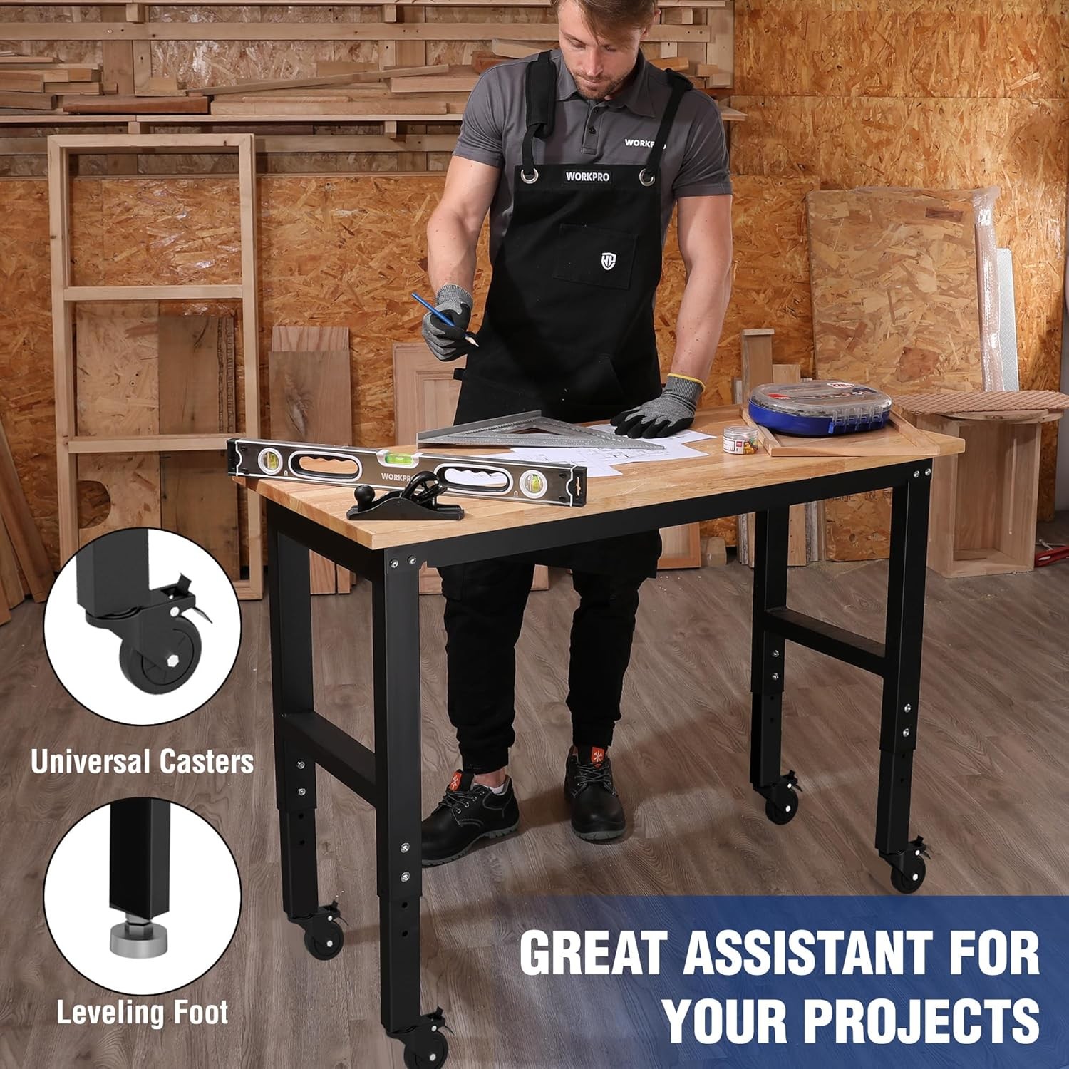 WORKPRO 48"X22" Adjustable Workbench Wheel Leveling Foot Rubber Wood Top Outlets