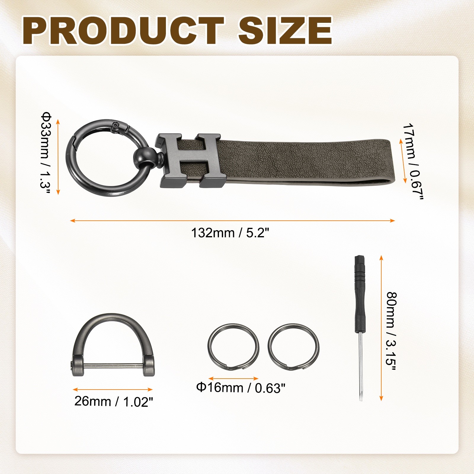 Car Key Chain Ring Clip 5.2" Leather Keychain Key Fob with D Ring, Gray