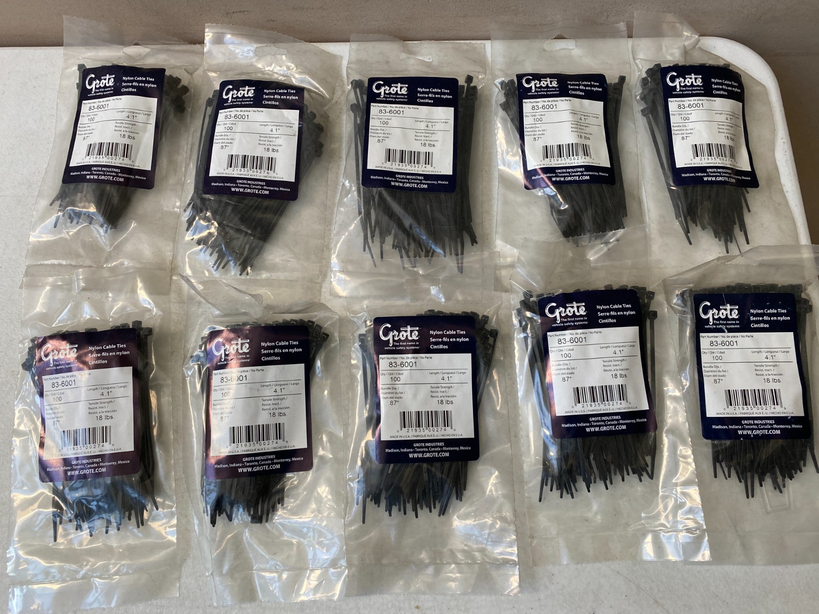 83-6001 (LOT OF 10, 100 PACKS) GROTE STANDARD 4 INCH BLACK ZIP TIES 18 LB RATING