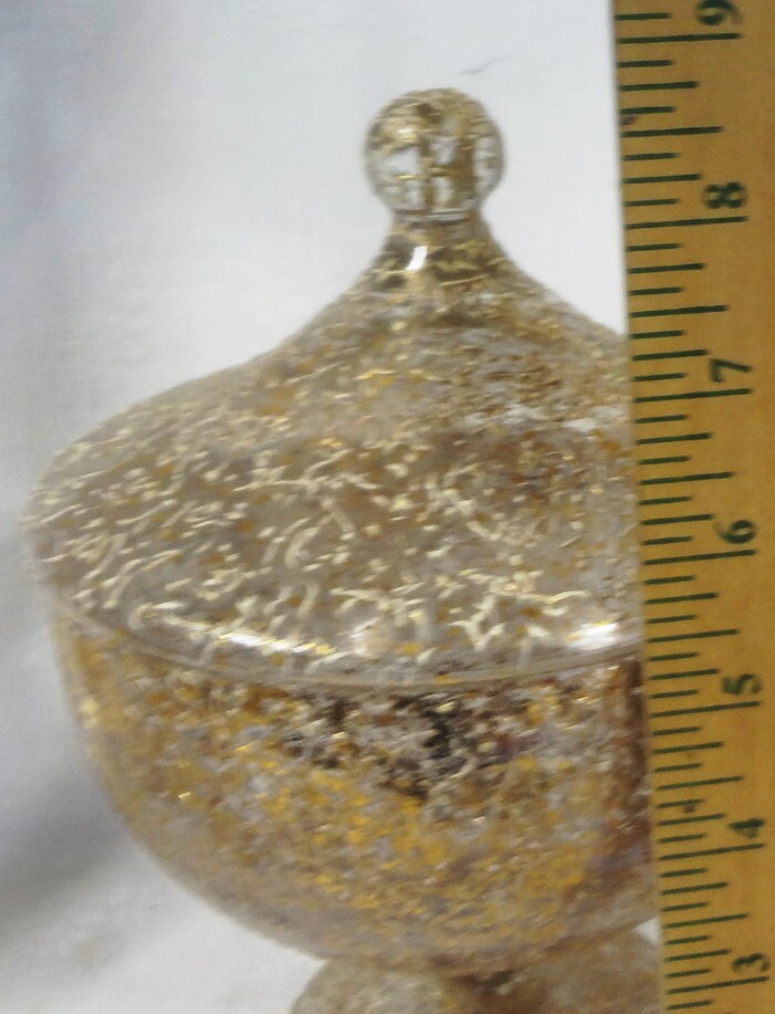 MCM bold WEST VIRGINIA GLASS splatter GOLDEN BROCADE lidded 9" CANDY JAR - MINT