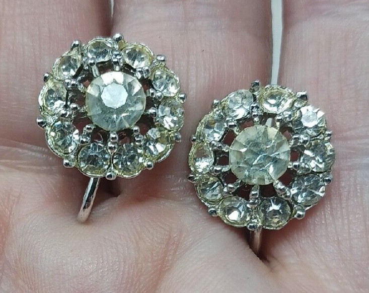 Clear Rhinestone Earrings Vintage Silver Tone Screw Backs #G6