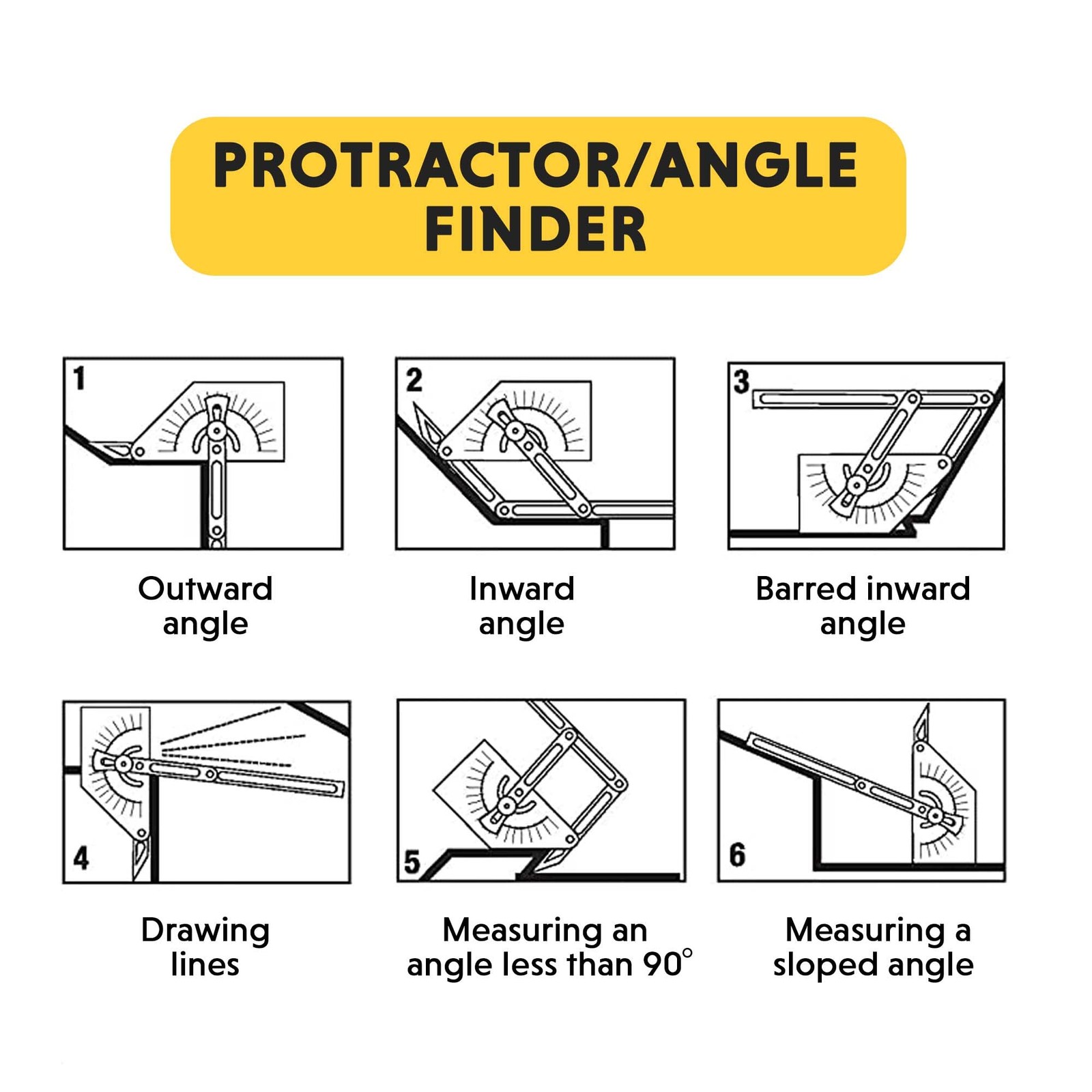 29 Plastic Protractor and Angle Finder, Outside, Inside, Sloped Angles, 0° to...