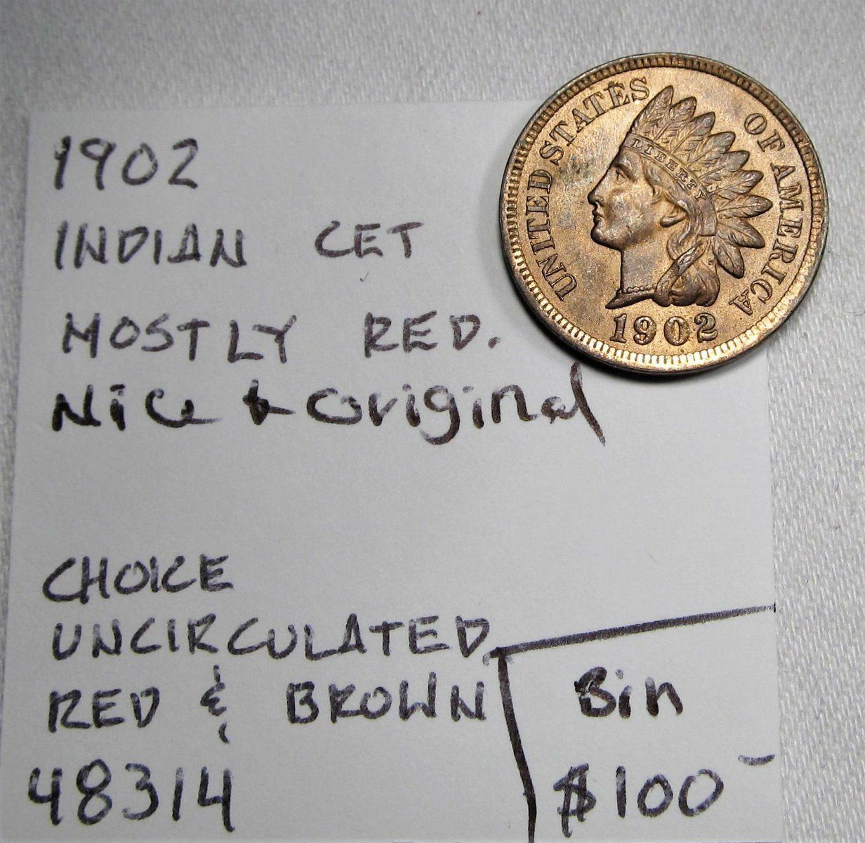 1902 Indian Cent Mostly Red Nice & Original CH UNC RED & BROWN AD133
