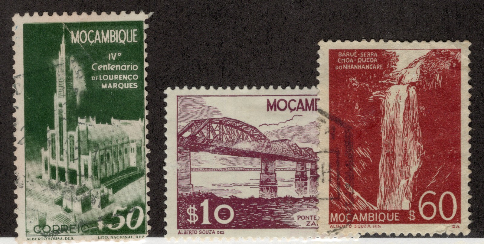 Mozambique #294 used, 306 MH, 311 used Church, bridge, waterfall