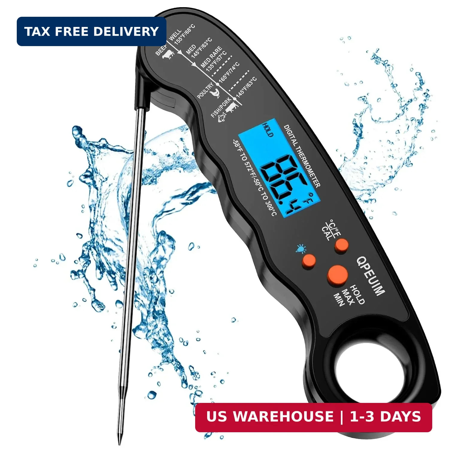 QPEUIM Meat Thermometer Digital Black | Instant Read Food Thermometer, Waterproo