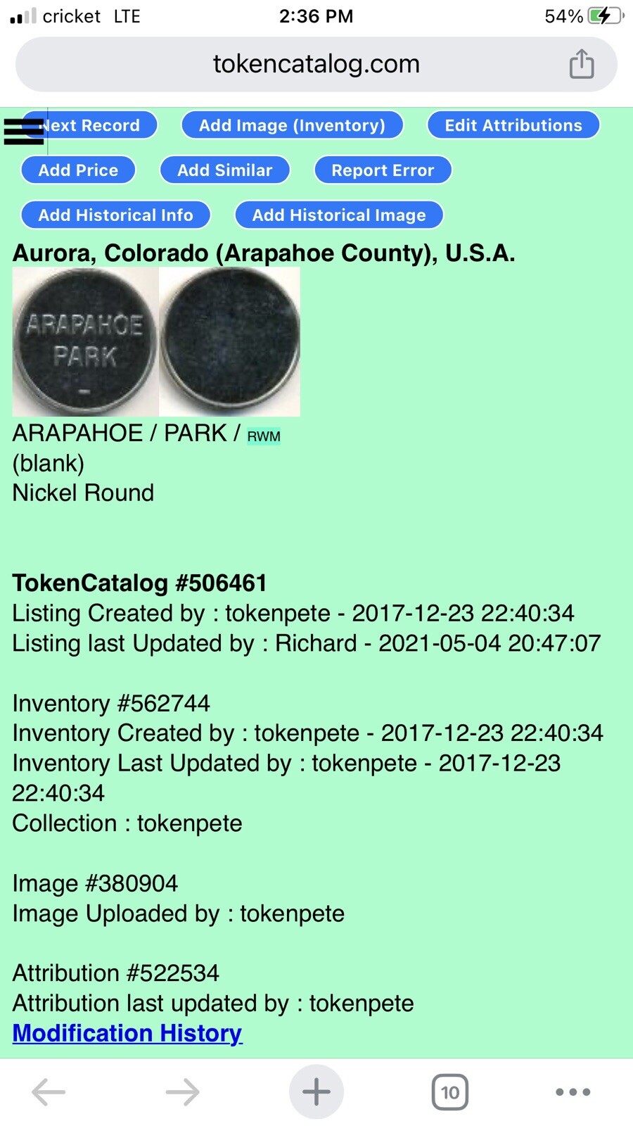 Advertisement Token - Arapahoe Park - Aurora, Colorado