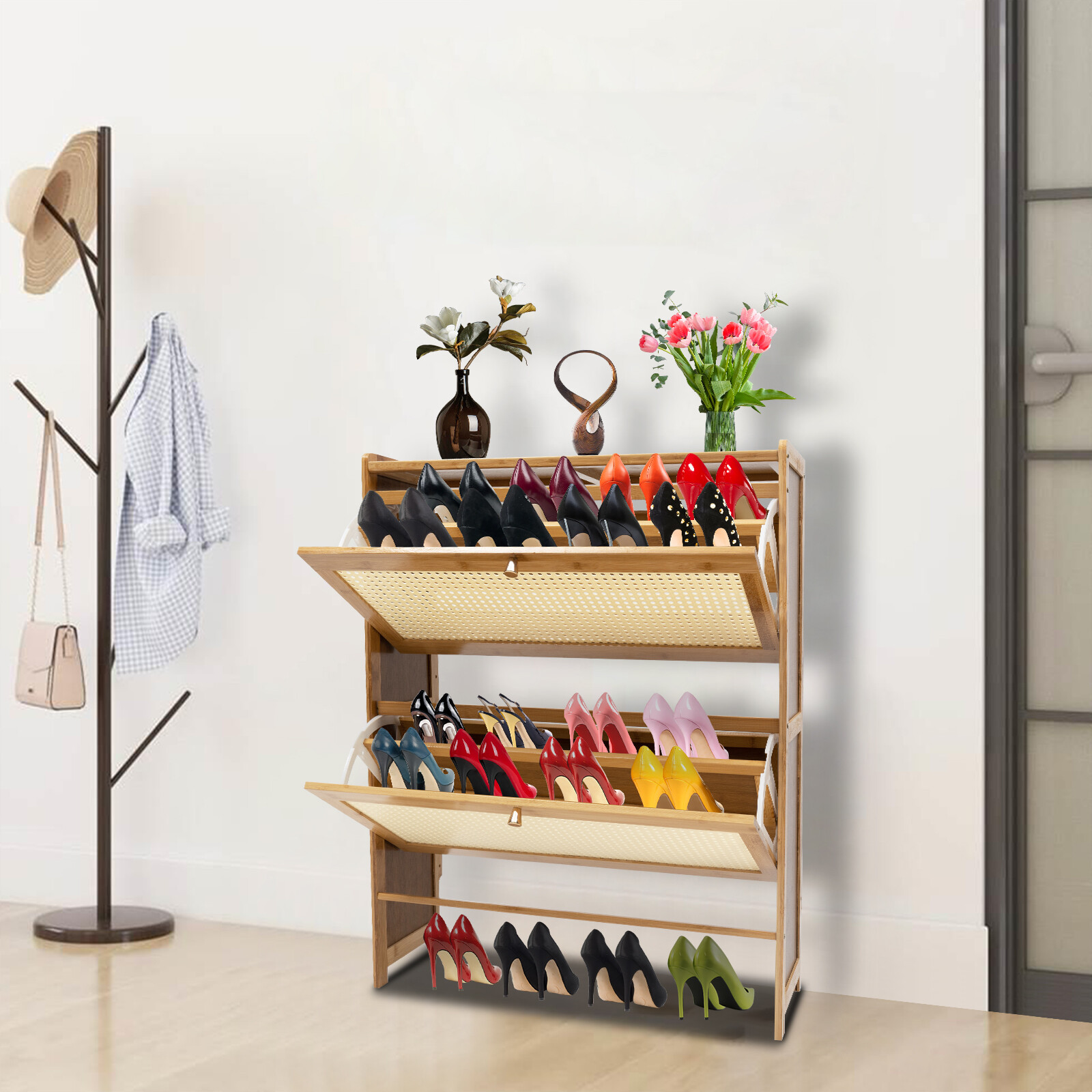 Natural Rattan Shoe Cabinet, Free Standing Shoe Racks, Shoe Cabinet