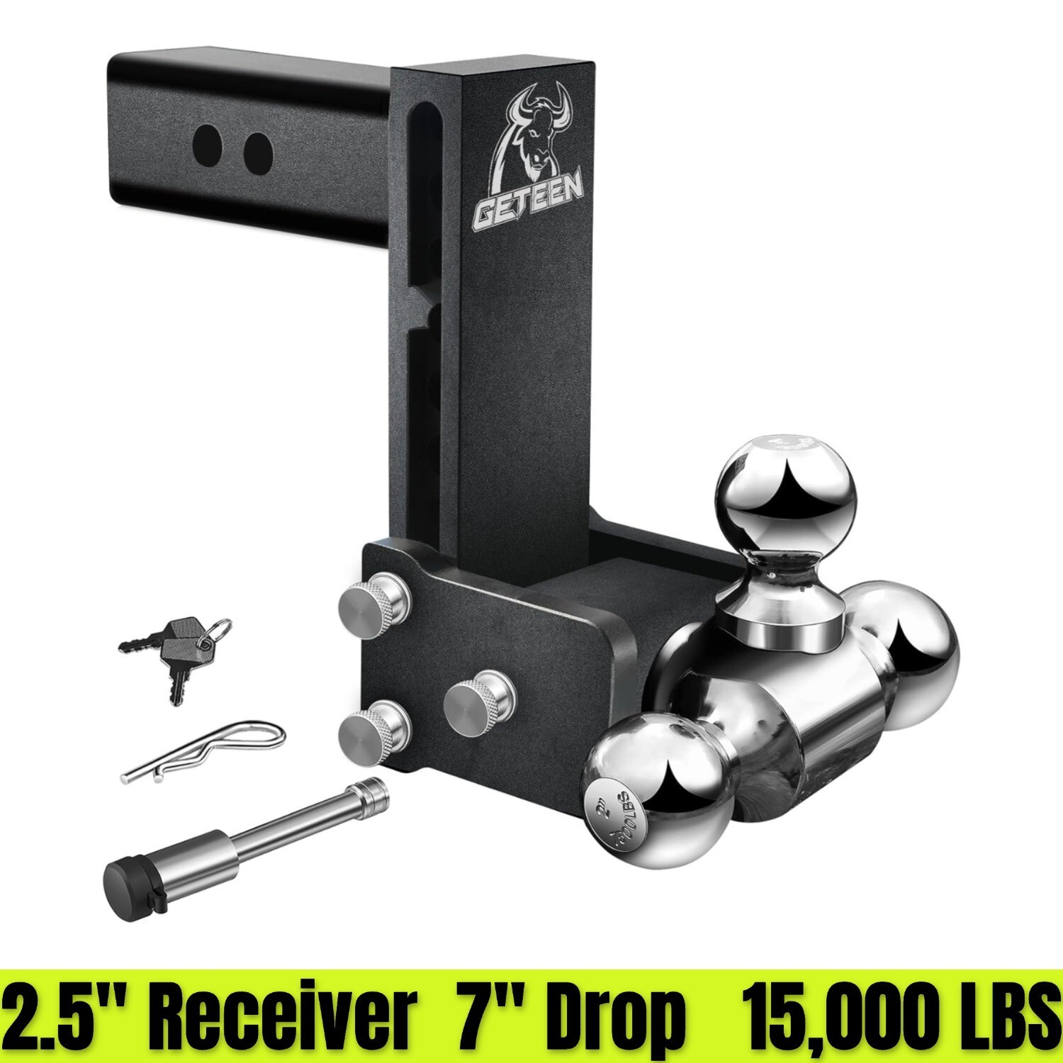 Geteen Tow & Stow Adjustable Trailer Hitch Tri-Ball 2.5" Receiver 7"Drop Hitch
