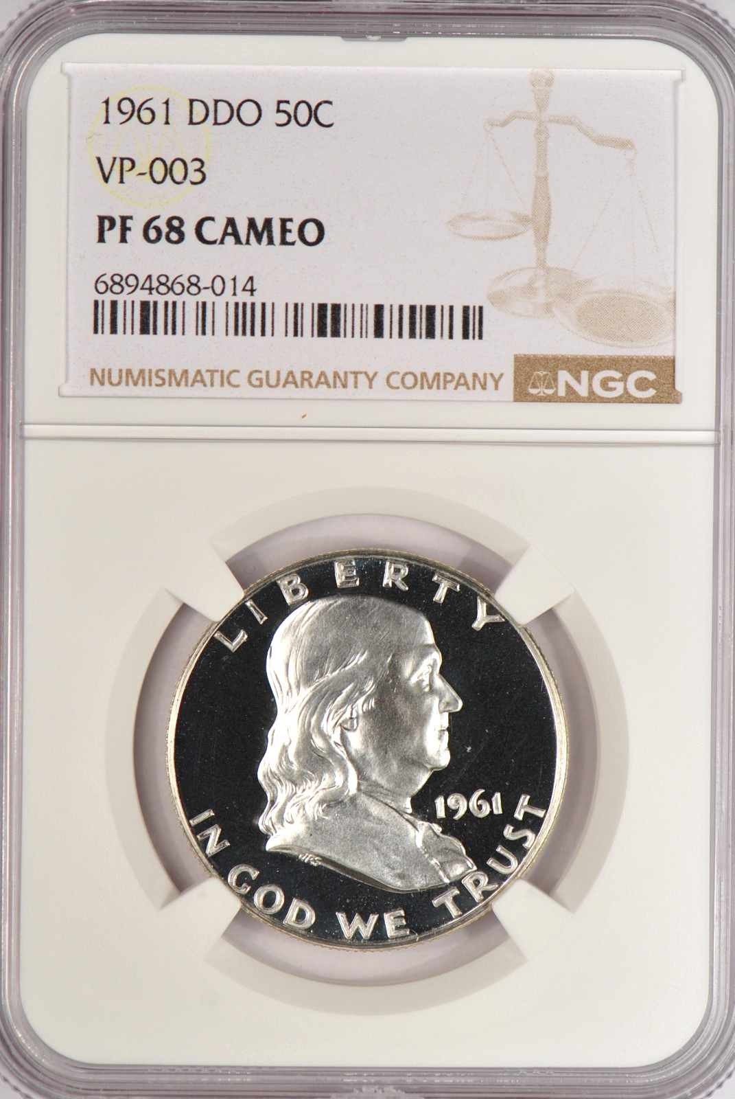 1961 Franklin Half Dollar Proof DDO VP-003 NGC PF 68 CAMEO PR68CAM TOP POP Coin