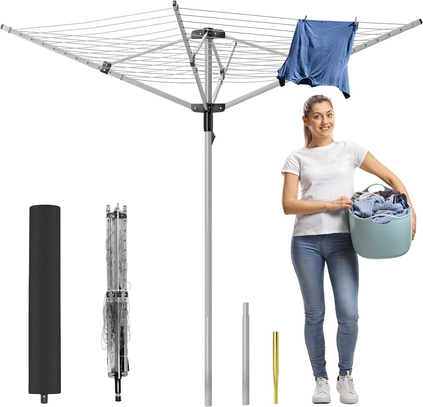 Outdoor Umbrella Drying Rack, 4-Aluminum Arms Folding Rotary Dryer with 12 Lines