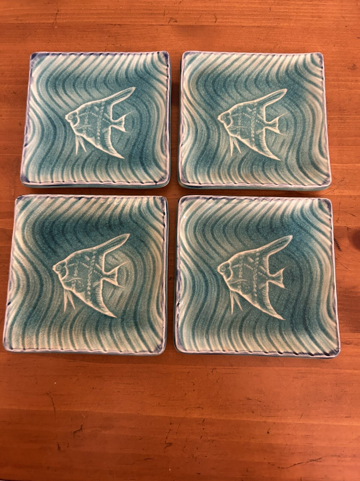 Set 4 Vintage Japan Square Turquoise Blue Fish Design Sushi Sauce Dish Plate
