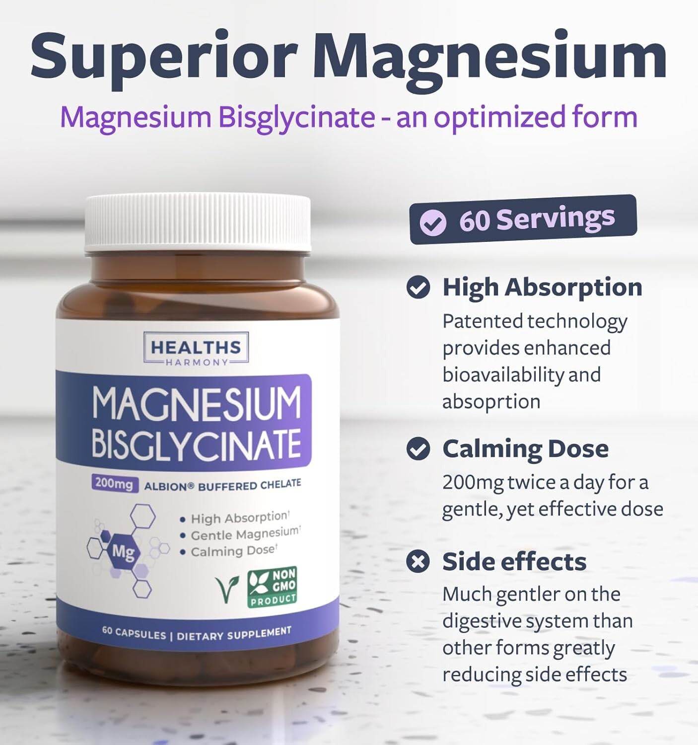 High Absorption Magnesium Bisglycinate Caps Clinically Validated Buffered, 60 ct