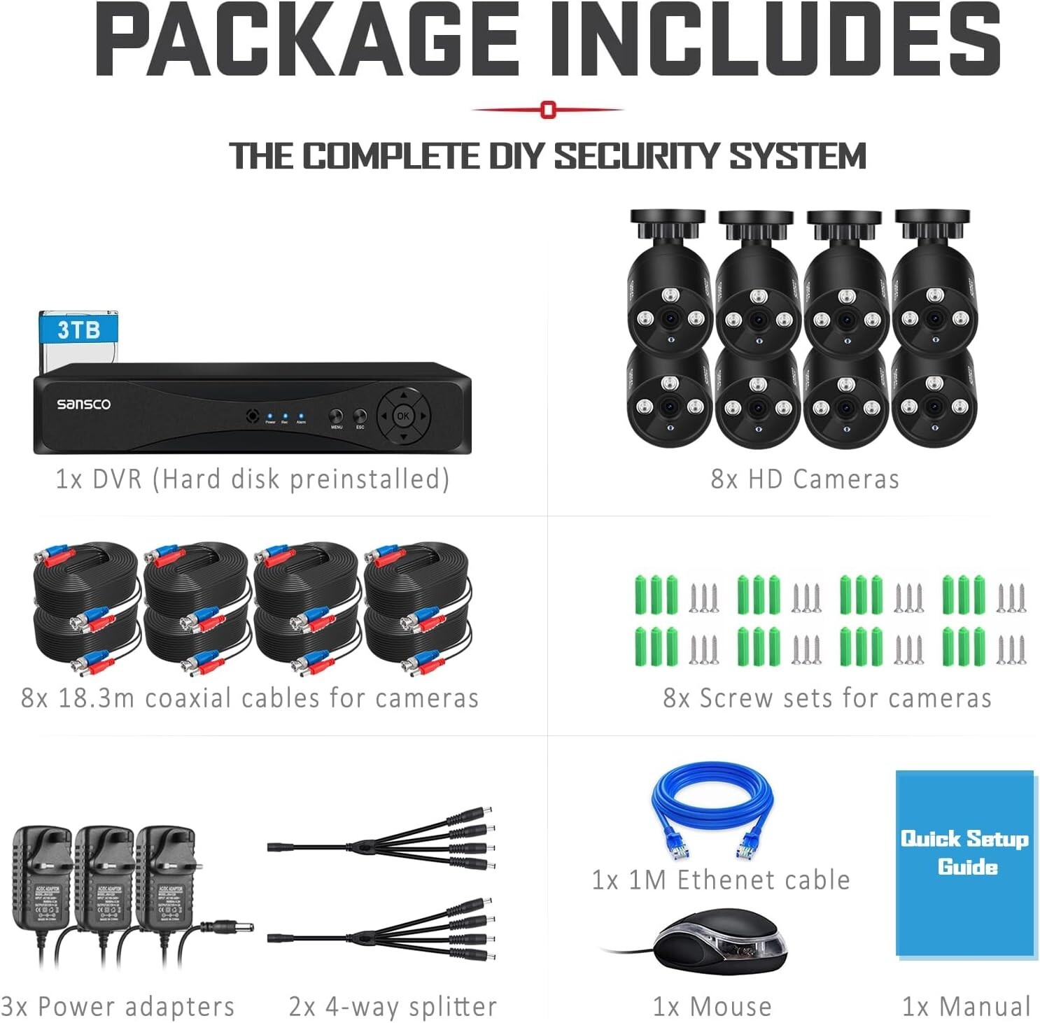 8CH DVR CCTV Security System 1080P Home Outdoor Surveillance Camera with 1TB HDD