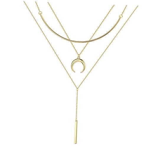 Gold Layered Necklaces for Women - "3PCS -14k-Gold-Plated Chain&Crescent&Bar