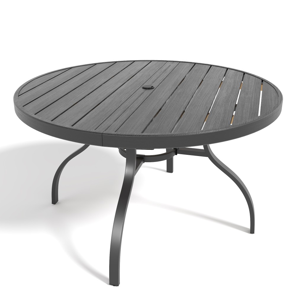Round Faux Wood Slat Patio Table 41" with Umbrella Hole Realistic Wood Grain Top