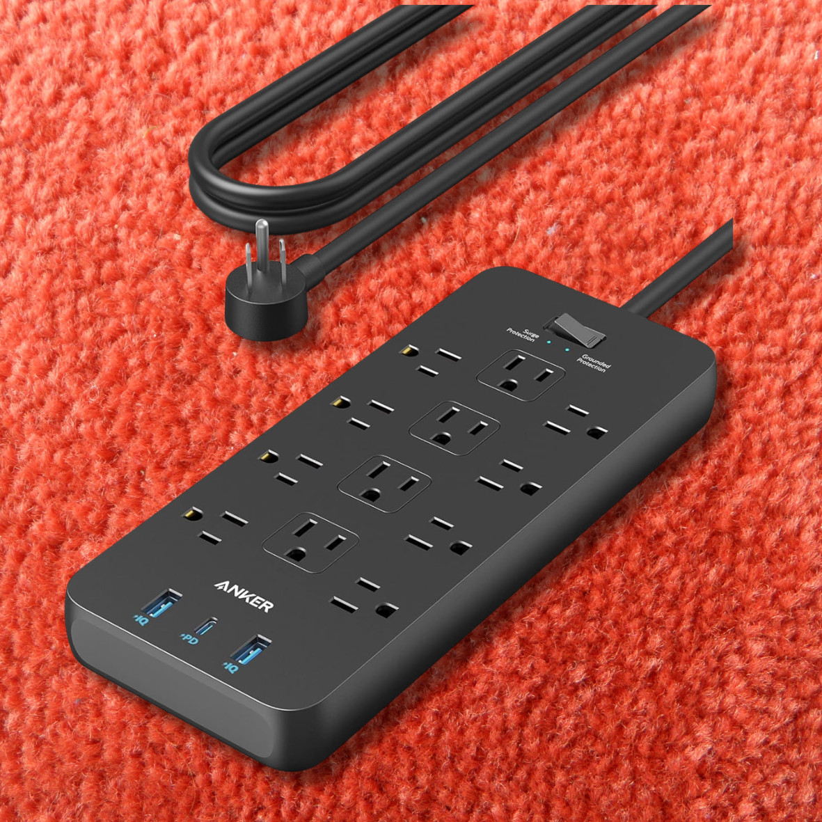 12 Outlets Power Strip USB C Charger Surge Protector (2100J) Flat Plug 5ft