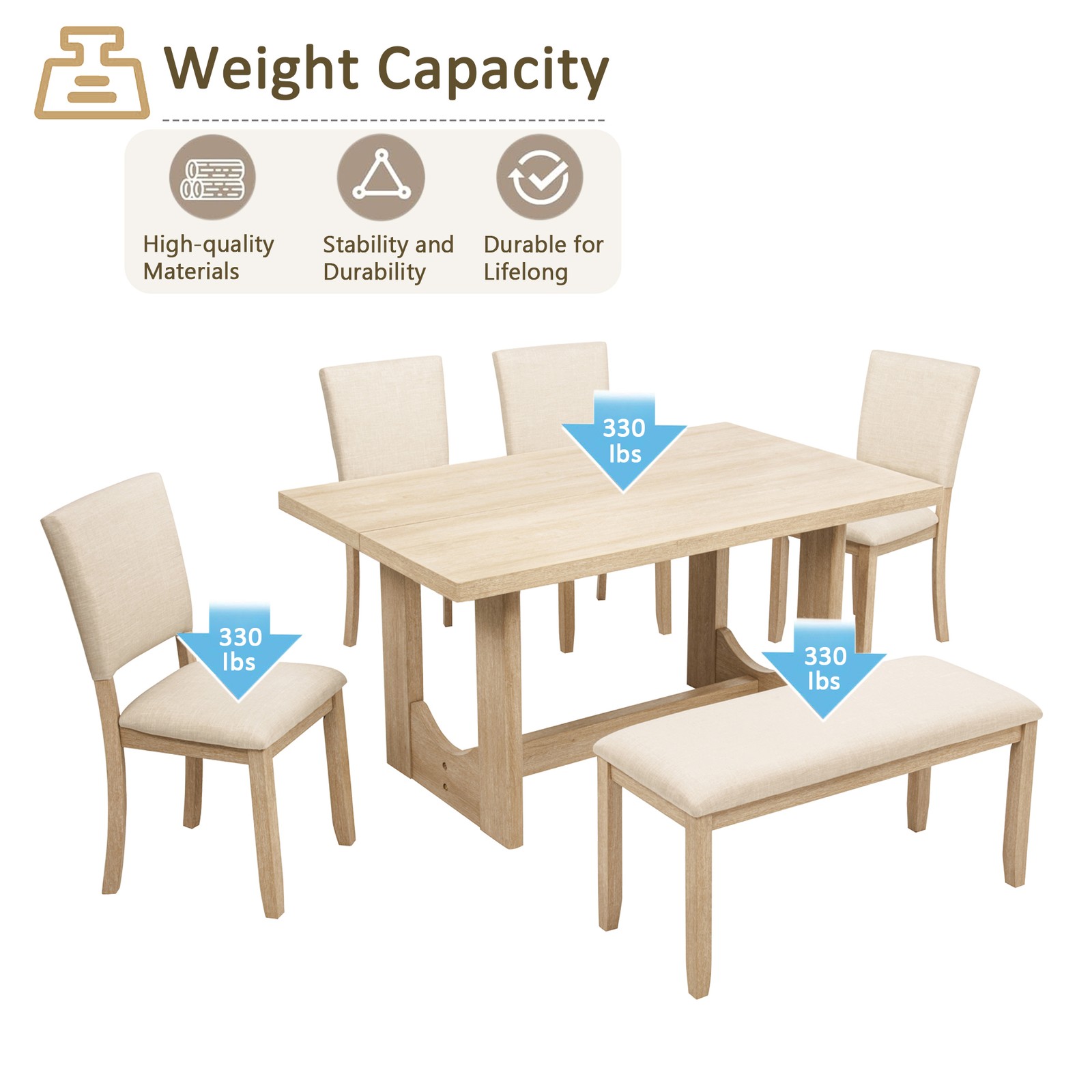 6-Piece Dining Set with Bench & Rectangular Wooden Table & 4 Upholstered Chair