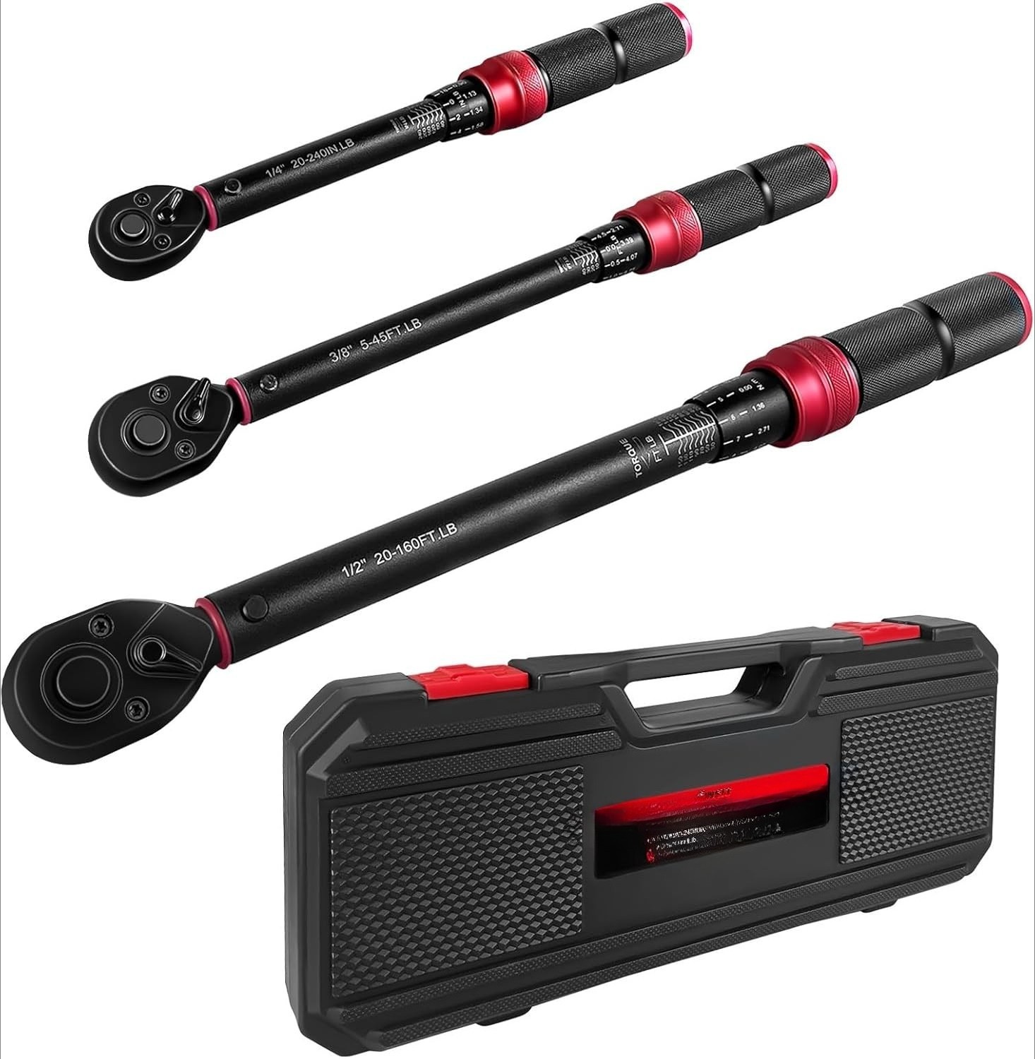 3Pcs Torque Wrench Set, 1/4'' & 3/8'' & 1/2'' Drive Click Torque Wrench