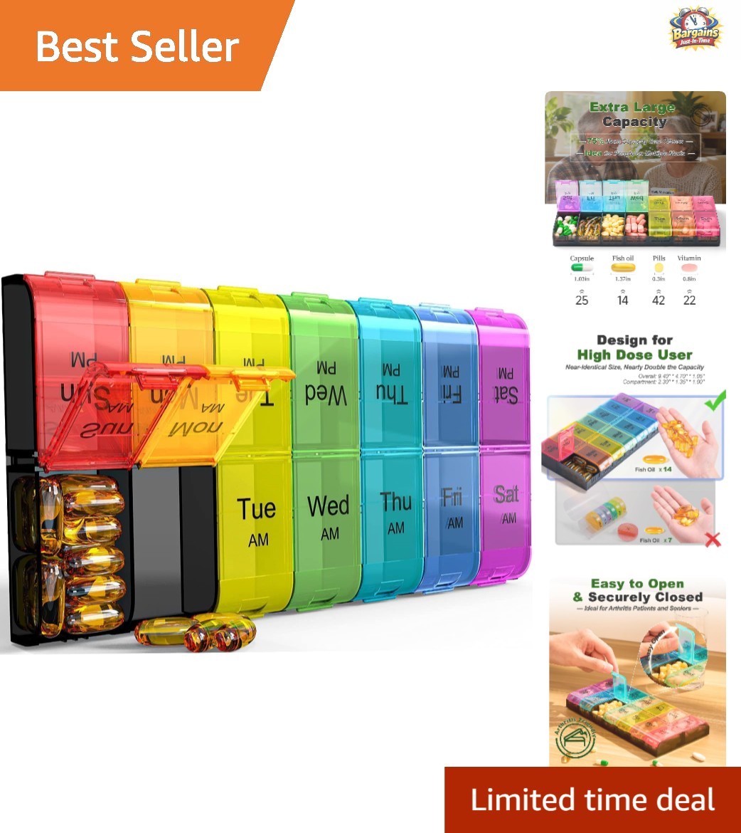 Oversized Weekly Pill Box with Easy Open Design for Seniors - 7 Day Organizer