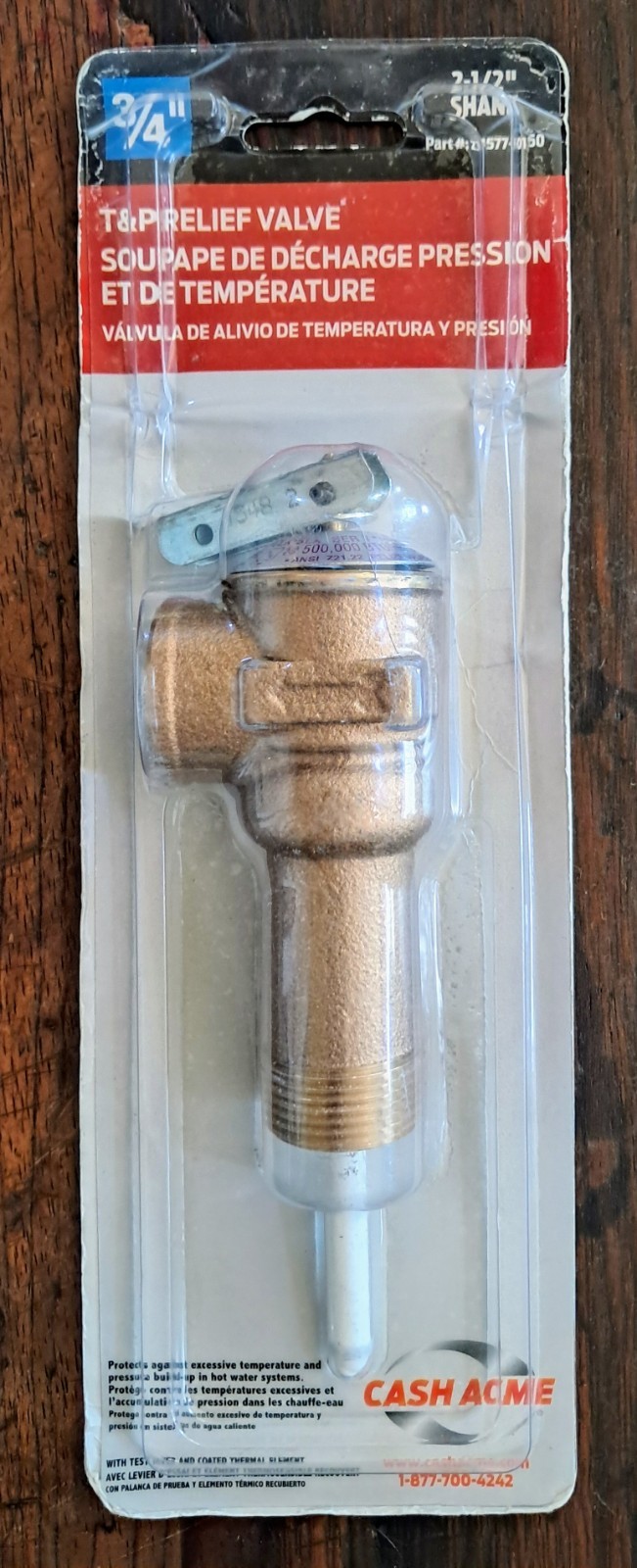 NEW CASH ACME BRASS 3/4" PRESSURE / TEMPERATURE RELIEF VALVE - 2 1/2" SHANK