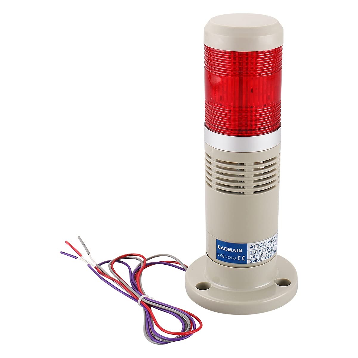 BAOMAIN 110V AC Industrial Signal Tower Light with Buzzer, Red LED Continuous...