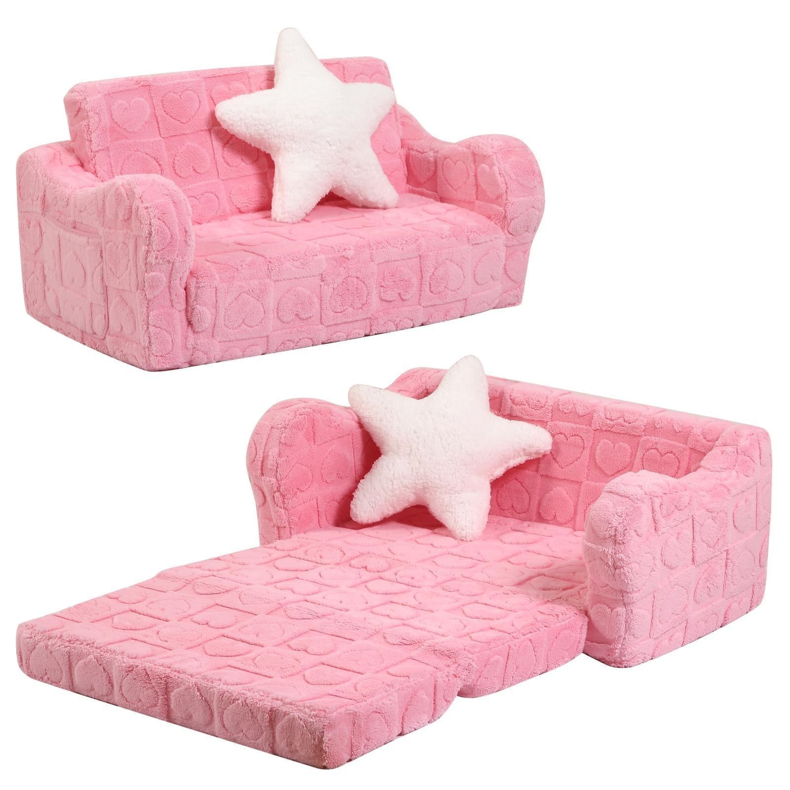 Toddler Couch, 2-in-1 Kids Soft Couch Fold Out with Star Pillow, Foldable Sof...