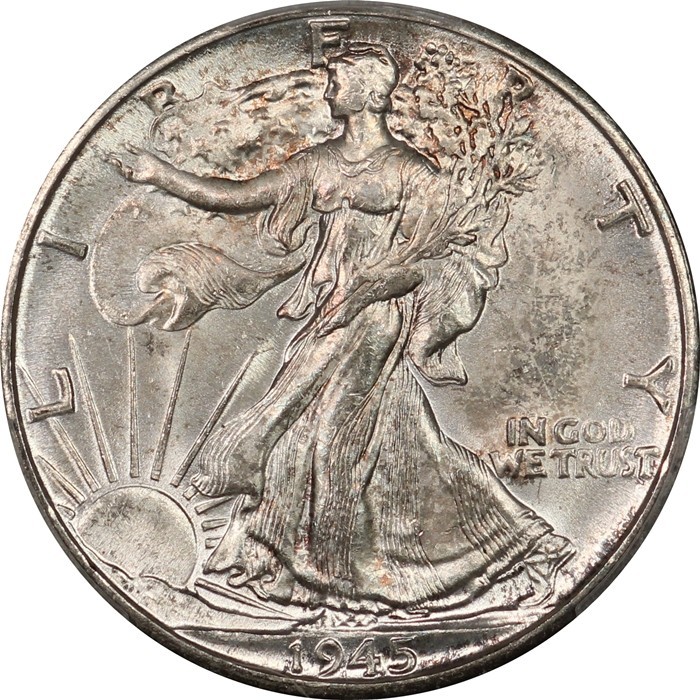 1945-D Gem BU Walking Liberty Half Dollar - PCGS MS65 - Lustrous, Lightly Toned