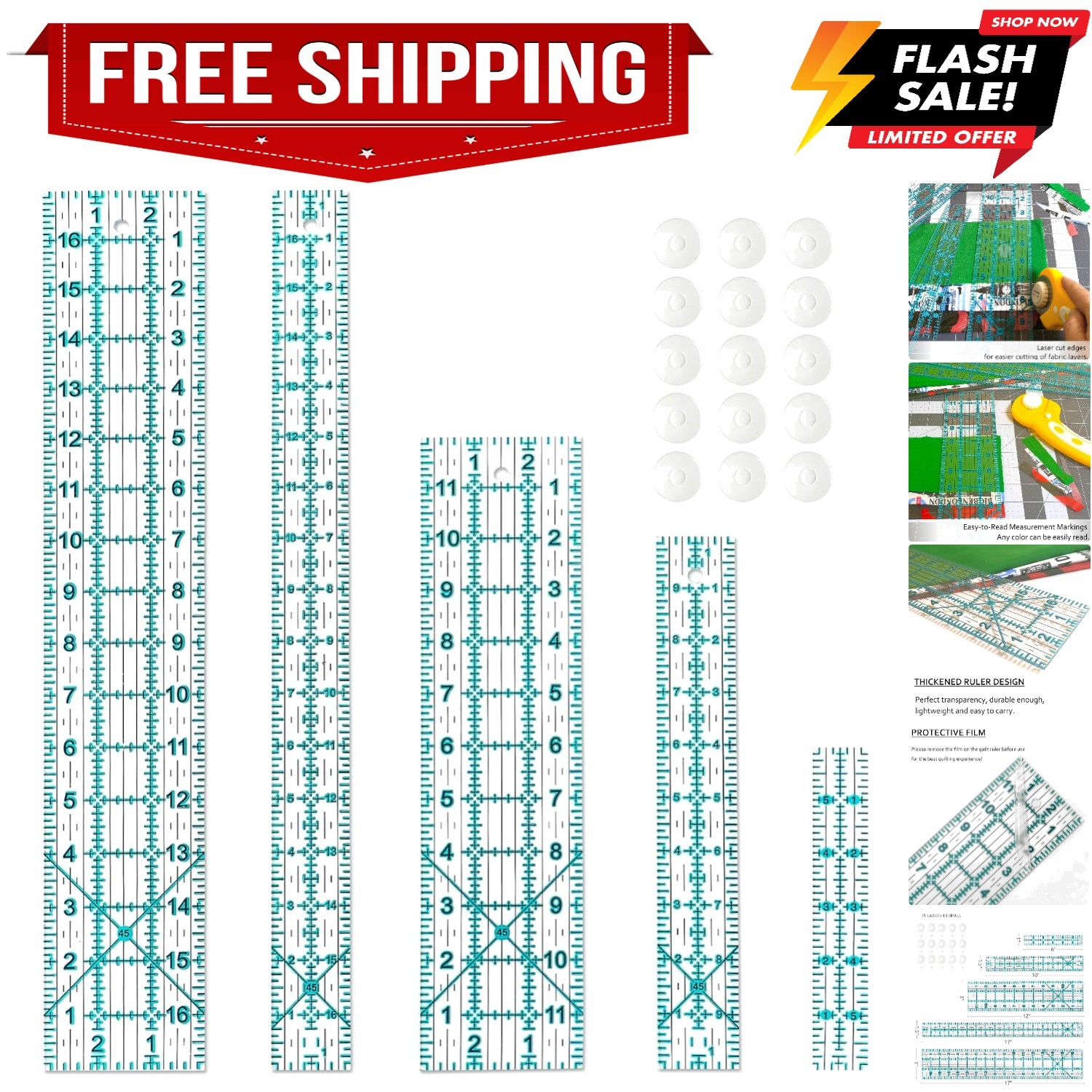 Sewing Ruler,5 Piece Quilting Rulers,3 X17 Inch,1.5 X17 Inch,3 X12 Inch,1.5 X10