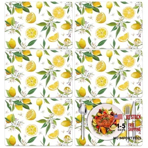Summers Placemats Set of 6 Yellow Floral Plastic Place Mats Washable Lemon