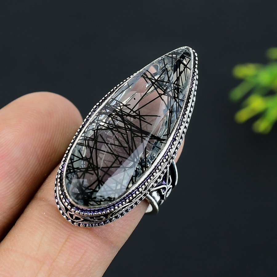 Black Rutile Gemstone Handmade 925 Sterling Silver Jewelry Ring Size 8 I893